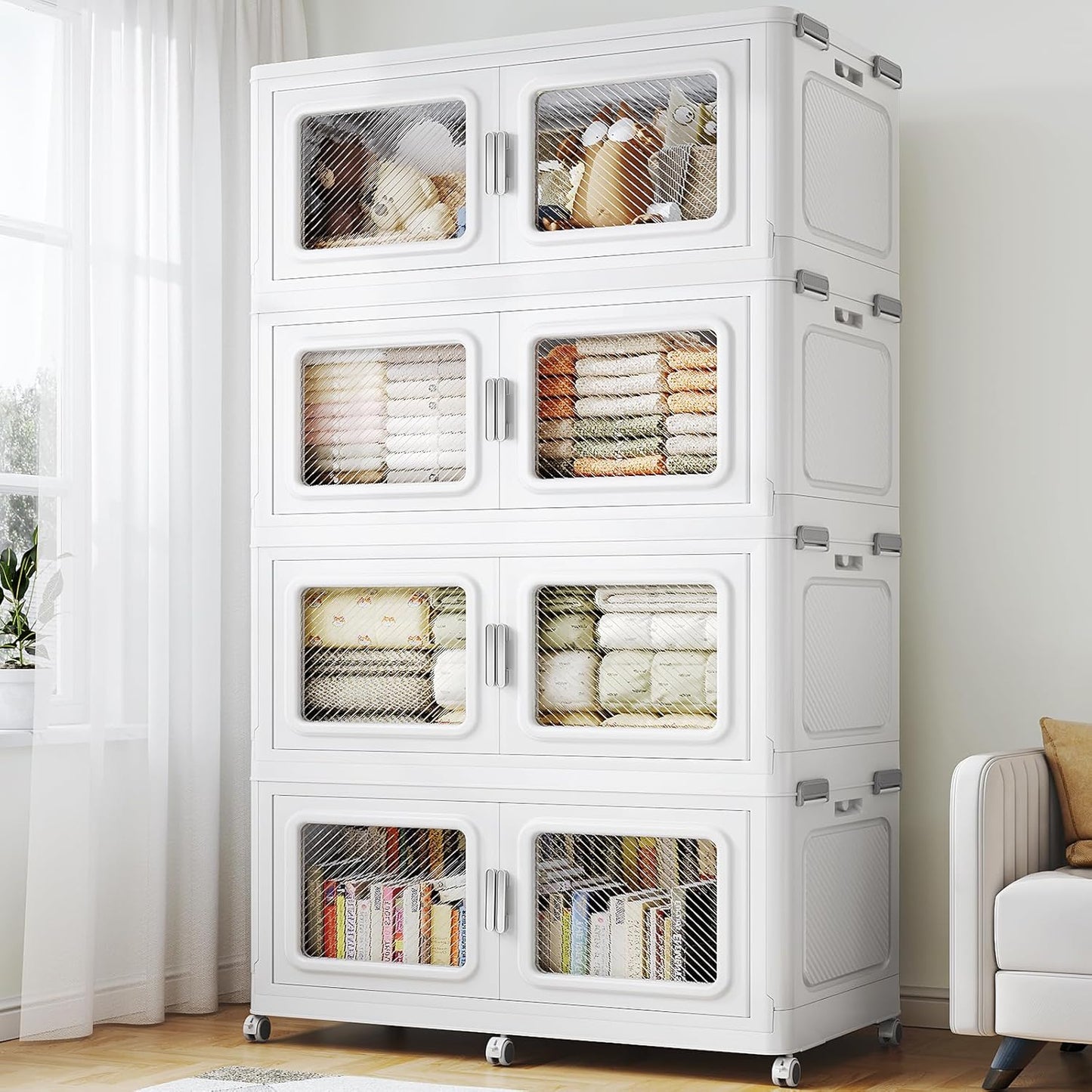 BROVIEW 880 Qt Stackable Storage Bin with Lids, 220Gal Extra Large Collapsible Storage Boxes, Folding Plastic Drawer, Heavy-Duty Store Cabinet, Closet Organizer for Home Kitchen, 4 Pack White