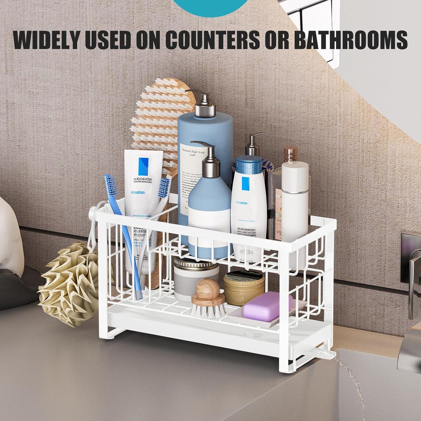 Sponge Holder for Kitchen Sink with Flexible Sink Caddy Smiley Face,2 Tier Kitchen Sponge Holder Countertop and Storage Essentials,Soap Dispenser Organize,Home Decor Accessories-White