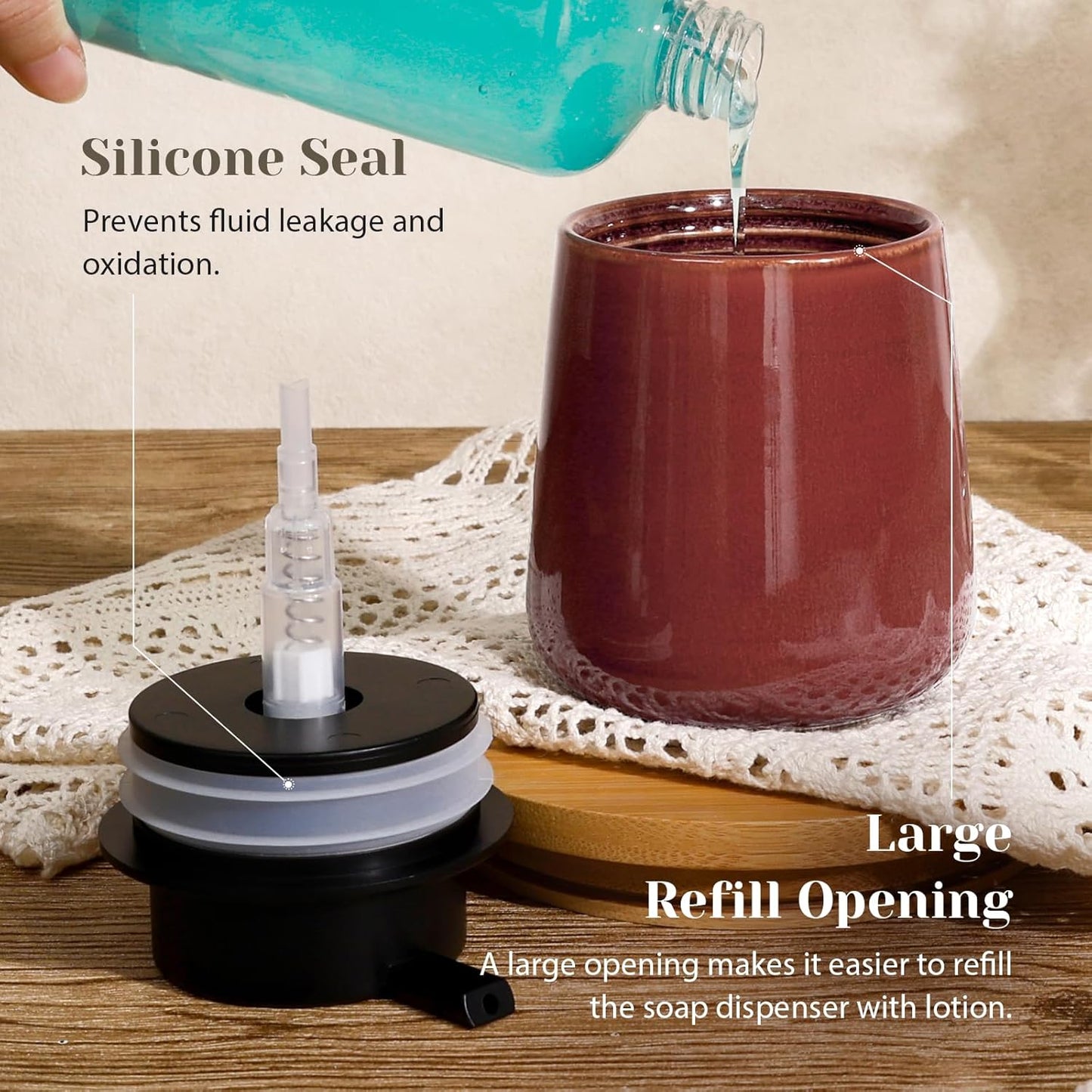 INGOFIN Ceramic Lotion Dispenser - 12 oz Refillable Hand Soap Dispenser Bathroom, Modern Liquid Soap Dispenser with Pump, Dish Dispenser for Kitchen,Kiln-Glazed Red Brown