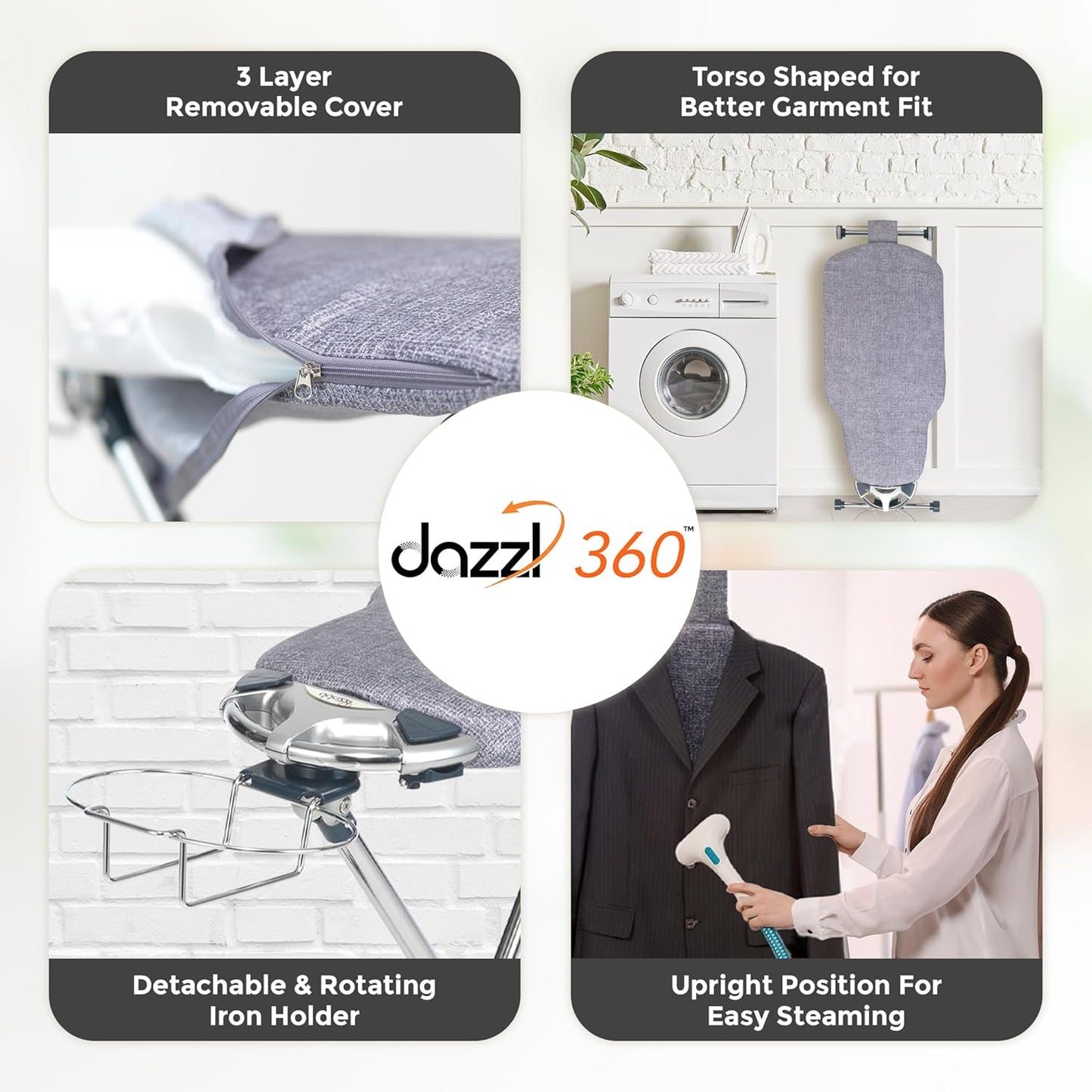 Dazzl 360° Dual-Sided Iron Board - Torso-Shaped Ironing Board Full Size with 8-Level Adjustable Height, Rotatable & Detachable Iron Holder, Garment Clips - HDPE Heat-Resistant Surface