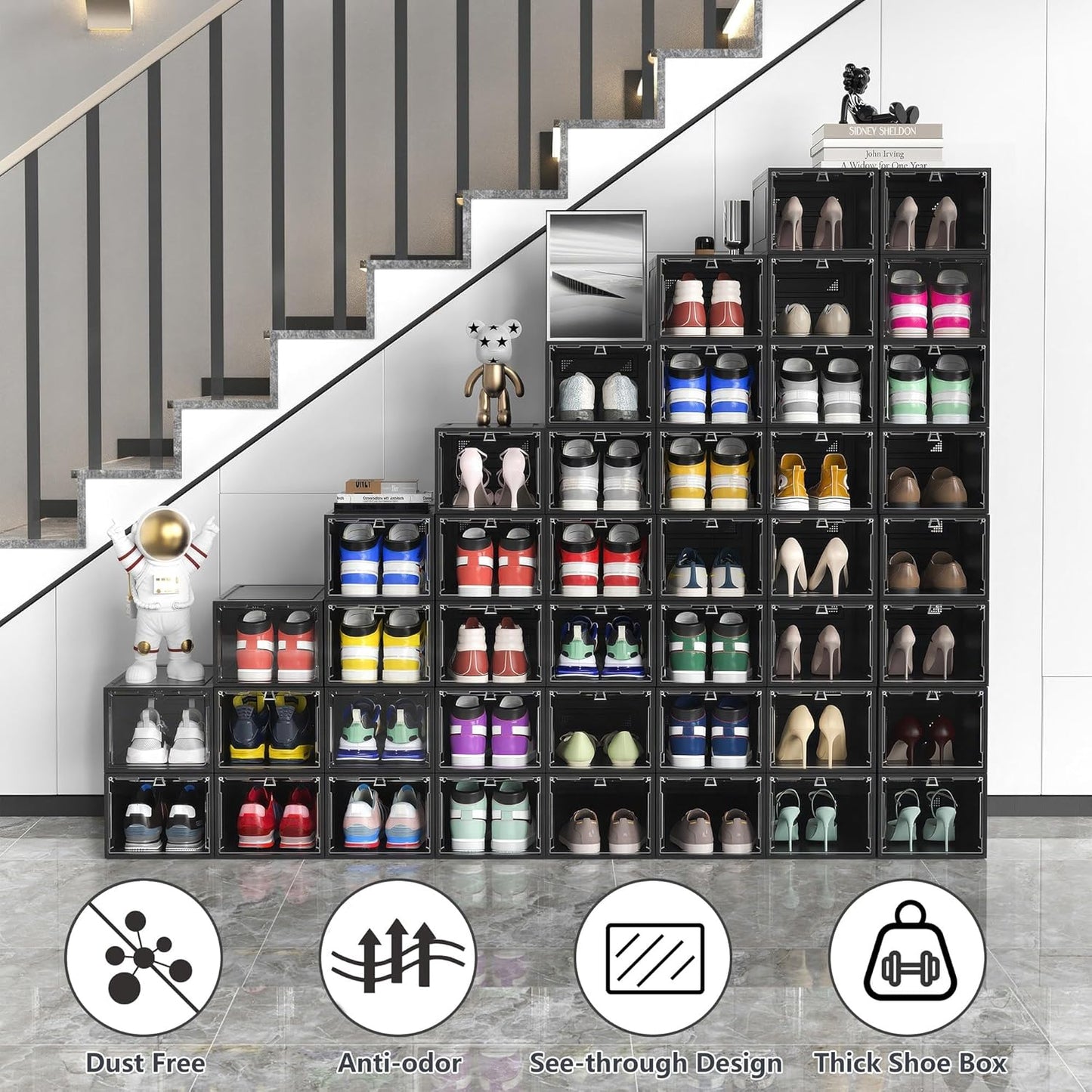 12 Pack Hard Sturdy Thickened Rigid XX Large Shoe Storage Organizer for Closet, Clear Stackable Sneaker Shoe Boxes Rack Containers Display Case Bins with Lids, Black03