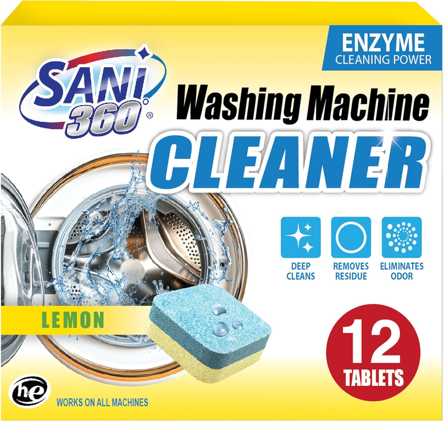SANI 360° Washing Machine Cleaning tablets, 12 pack is Formulated with Enzyme, Deep Cleans and Deodorizes Front and Top Loading Washers use up to 1 year supply Lemon Scent