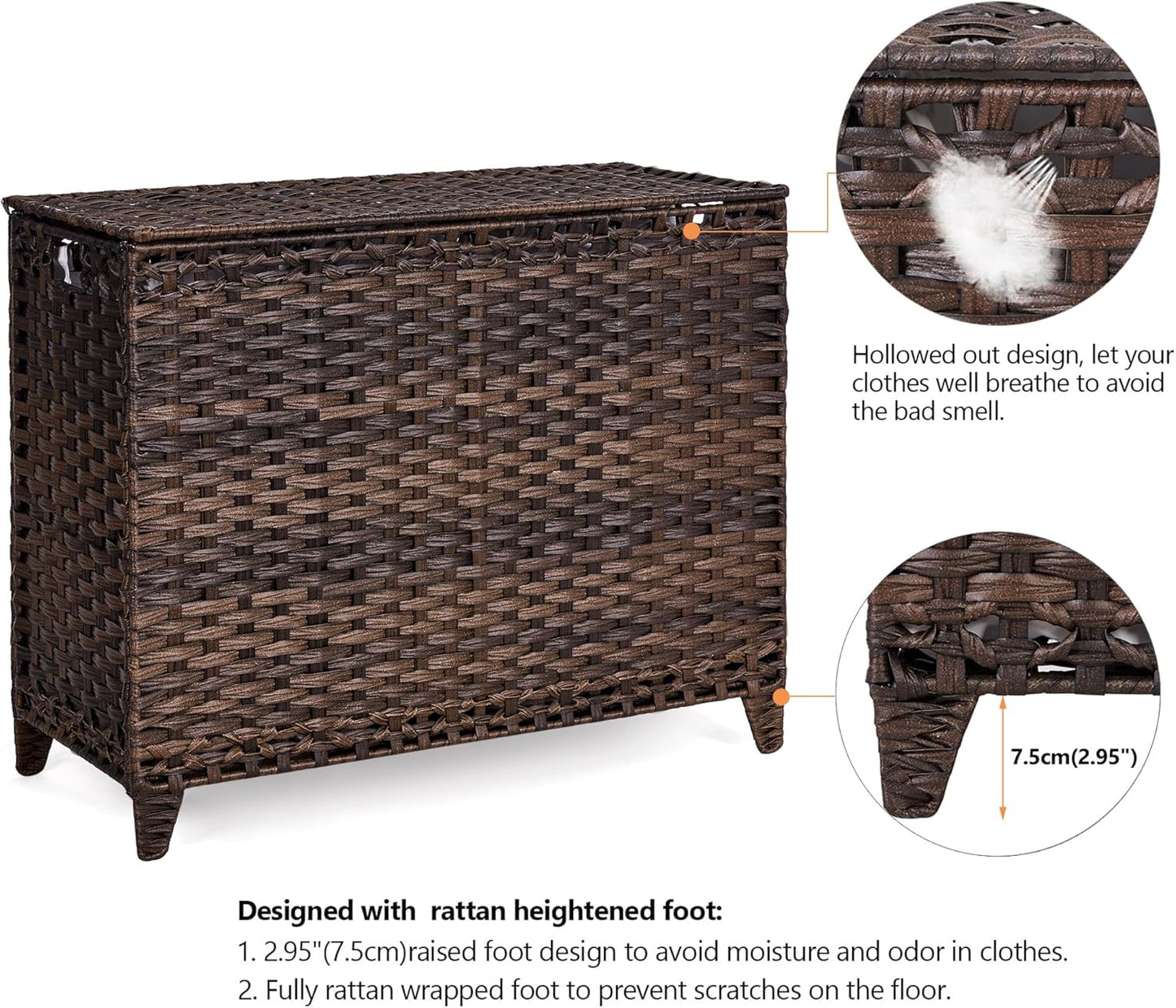 Laundry Hamper with 4 Removable Liner Bags; 176L Handwoven Rattan Laundry Basket with Lid & Heightened Feet; Clothes Hamper with Side Handles (Brown)