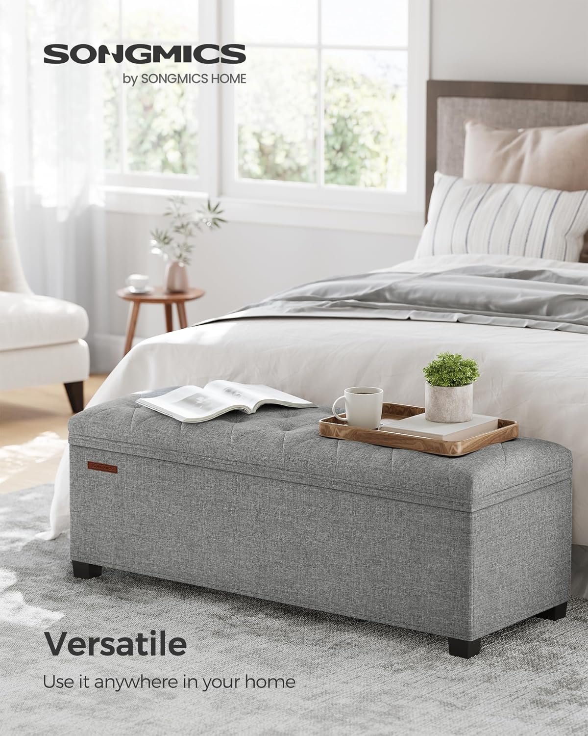 SONGMICS Storage Ottoman Bench, Foot Rest with Legs, 15.7 x 43.3 x 15.7 Inches, End of Bed Bench, Storage Chest, Load up to 660 lb, for Living Room, Bedroom, Entryway, Light Gray ULSF088G02