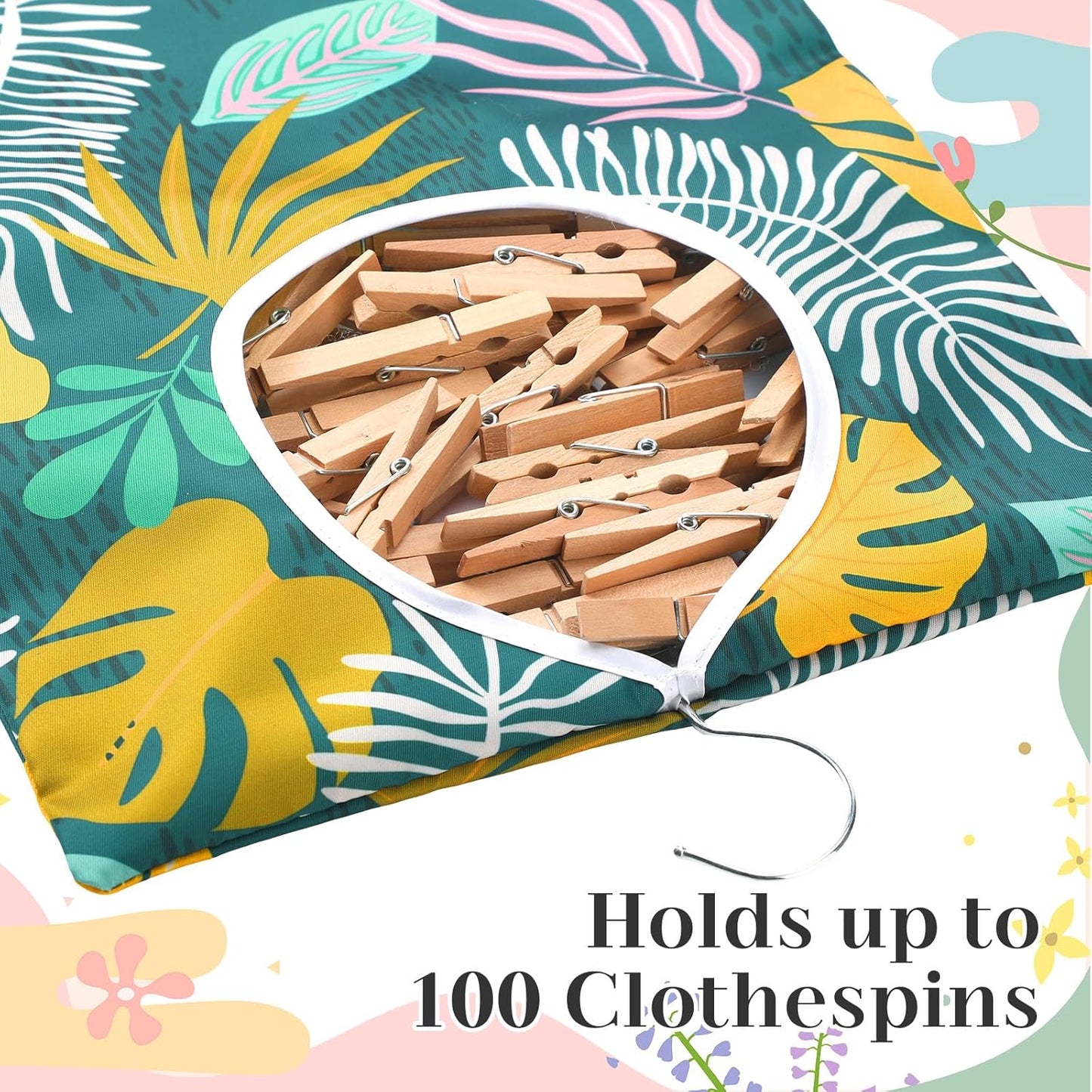 Woanger 2 Pcs Clothes Pin Bag Clothespin Holder 15 x 11 in to Hang on Line Clothes Pin Hanging Bag for Clothesline Outdoor Storage Organizer Basket with Large Opening(Leaves Style)