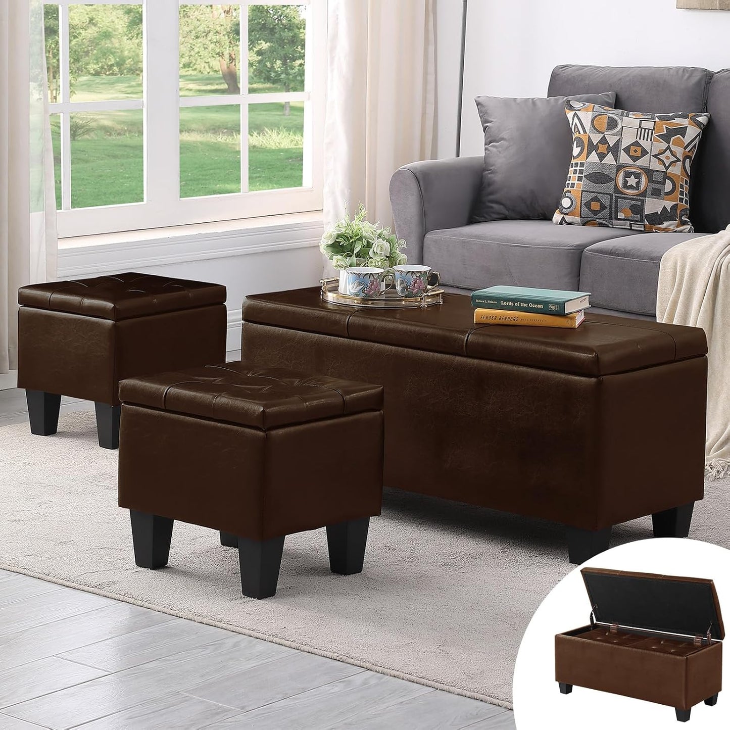 Ottoman with Storage Set of 3, 38'' Button Tufted Storage Ottoman with 2 Stools, Easy Open & Close w/Safety Hinges, Extra Seating Foot Rest for Living Room (Brown - PU Leather)