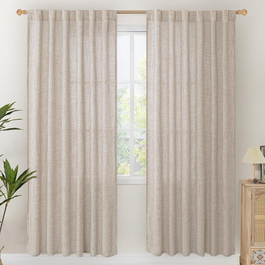 YoungsTex Linen Semi Sheer Curtains 78 Inch Length for Living Room, Light Filtering Window Treatments Drapes Rod Pocket Back Tab Natural Privacy for Bedroom, 2 Panels, 52 X 78 Inch