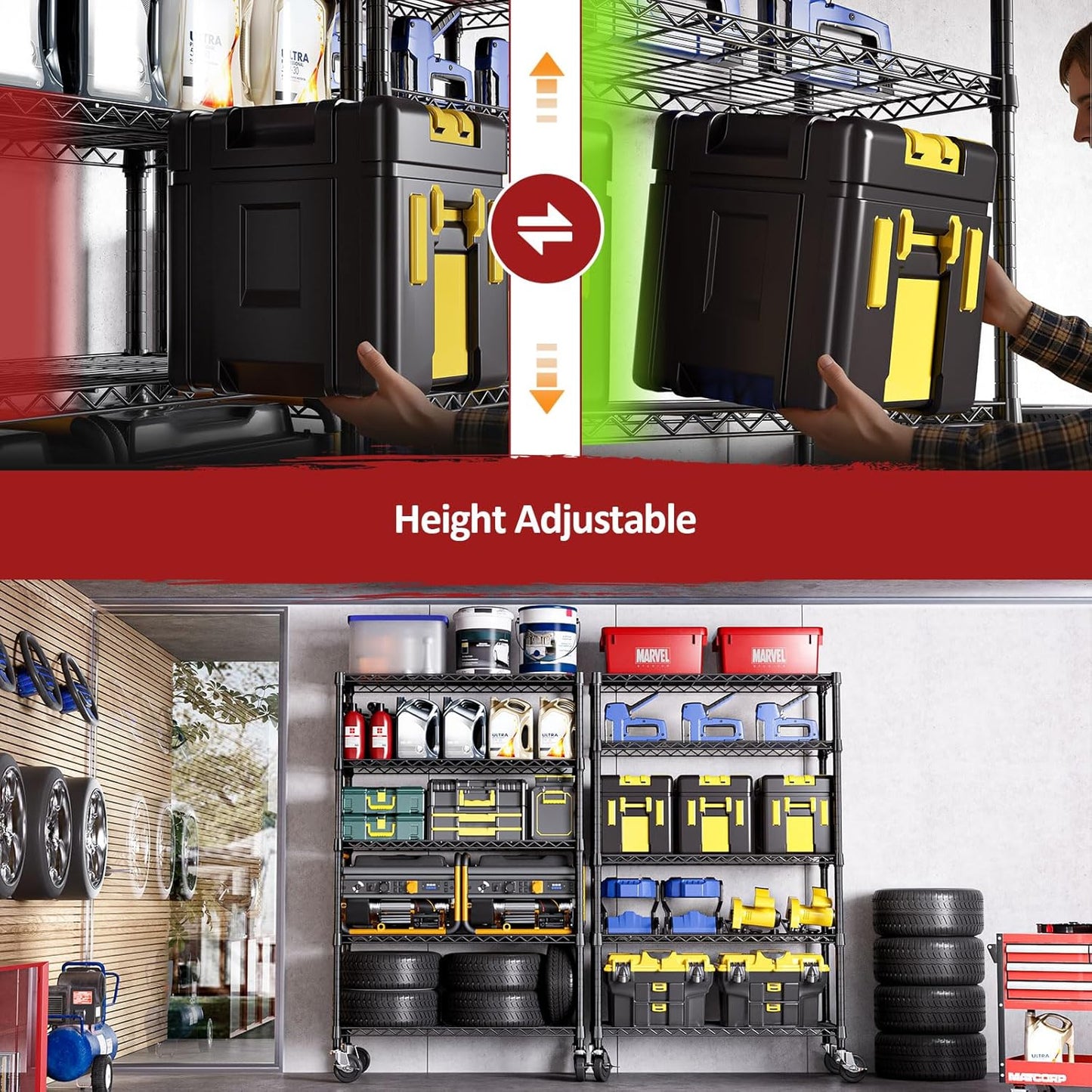 IZEUK 5-Tier Adjustable Heavy Duty Steel Wire Shelving Unit with Wheels, Storage Rack Organizer for Garage, Kitchen, Office, Laundry, Basement (Black, 17.7" D x 47.2" W x 76.7" H, 1750 lbs Capacity)