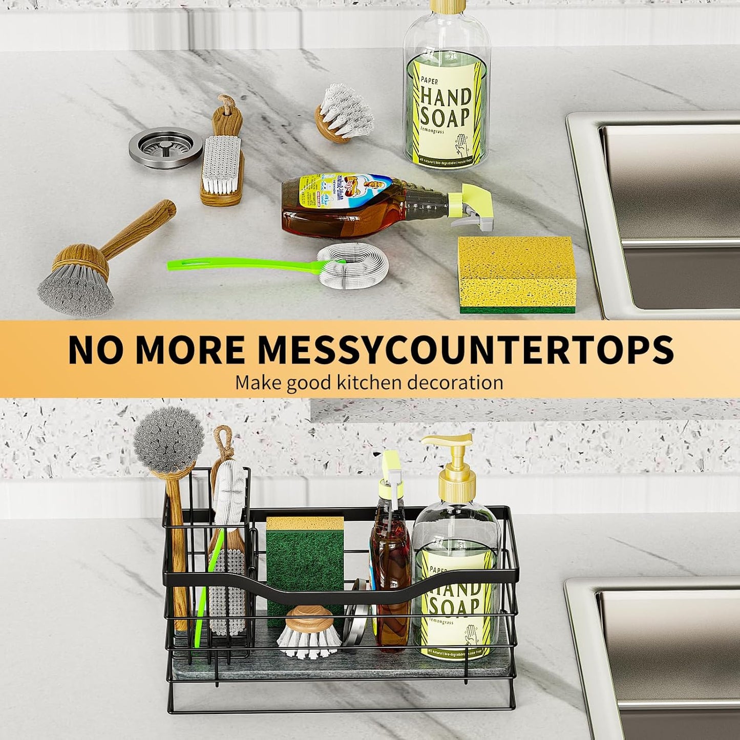 Sponge Holder for Kitchen Sink, Stainless Steel Sink Caddy and Drying Rack with Absorbent Stone, Rustproof Kitchen Organizer for Sponge, Brush, Soap,Space-Saving Countertop Accessory