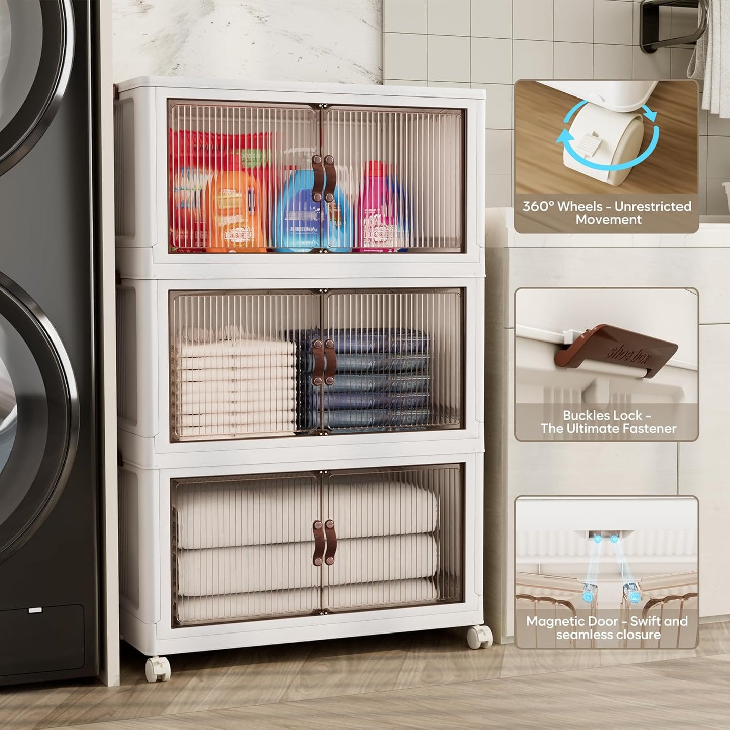 Jalove 90Gal Large Storage Bins with lids, 360QT Plastic Stackable Storage Containers with Wheels, Collapsible Closet Organizer and Storage Drawers,Clothes Organization for Cabinet Home, 3Pack White