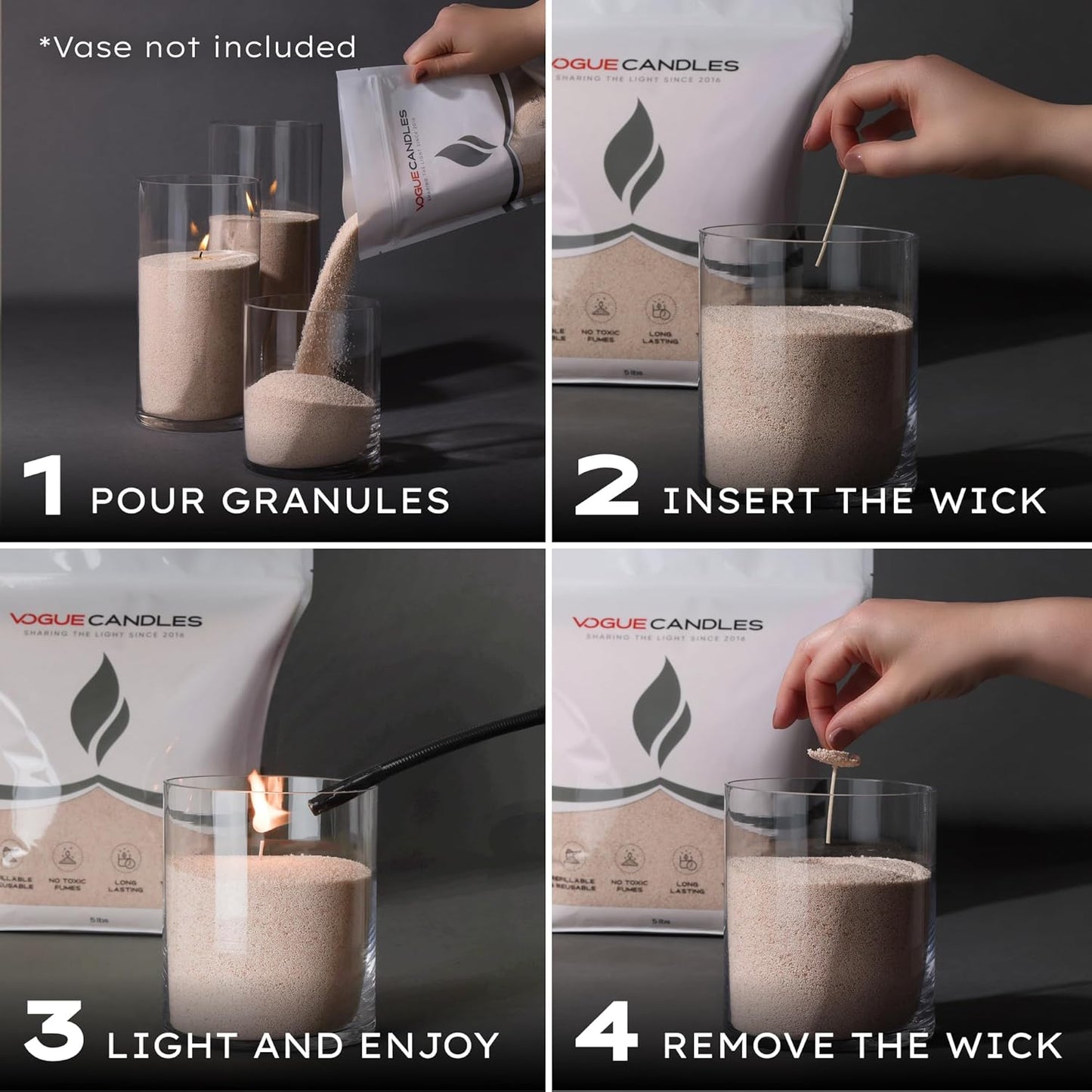 Vogue Candles 5LB Candle Sand with 50 Wicks | Bulk Refillable Plant-Based Granules for Custom Candle Making | Unscented, Clean Burn, Smoke-Free, Vegan Candle Refill Kit- Nude