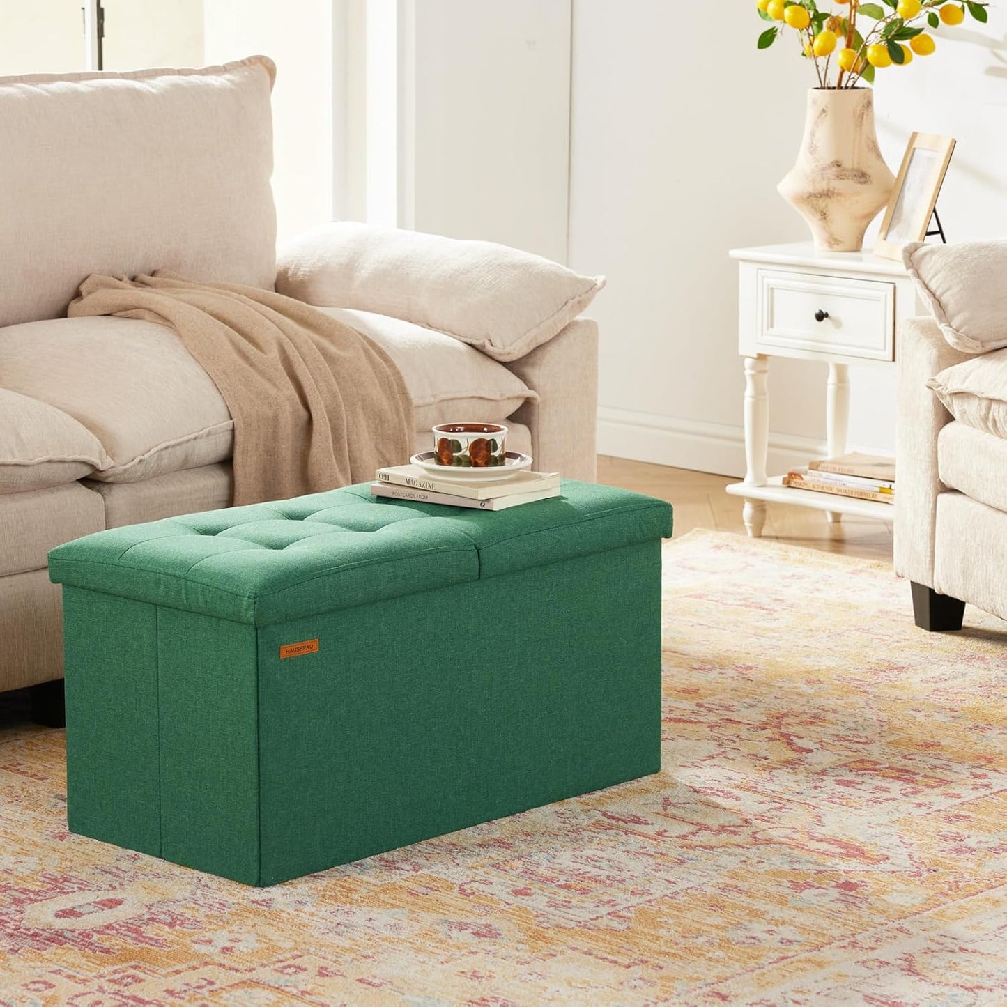 HAUSFRAU - 30 Inches Storage Ottoman Bench with Flipping Lid, Foldable Storage Chest Foot Rest for Living Room, Bedroom, Entryway, Load 660 lb, Linen Green