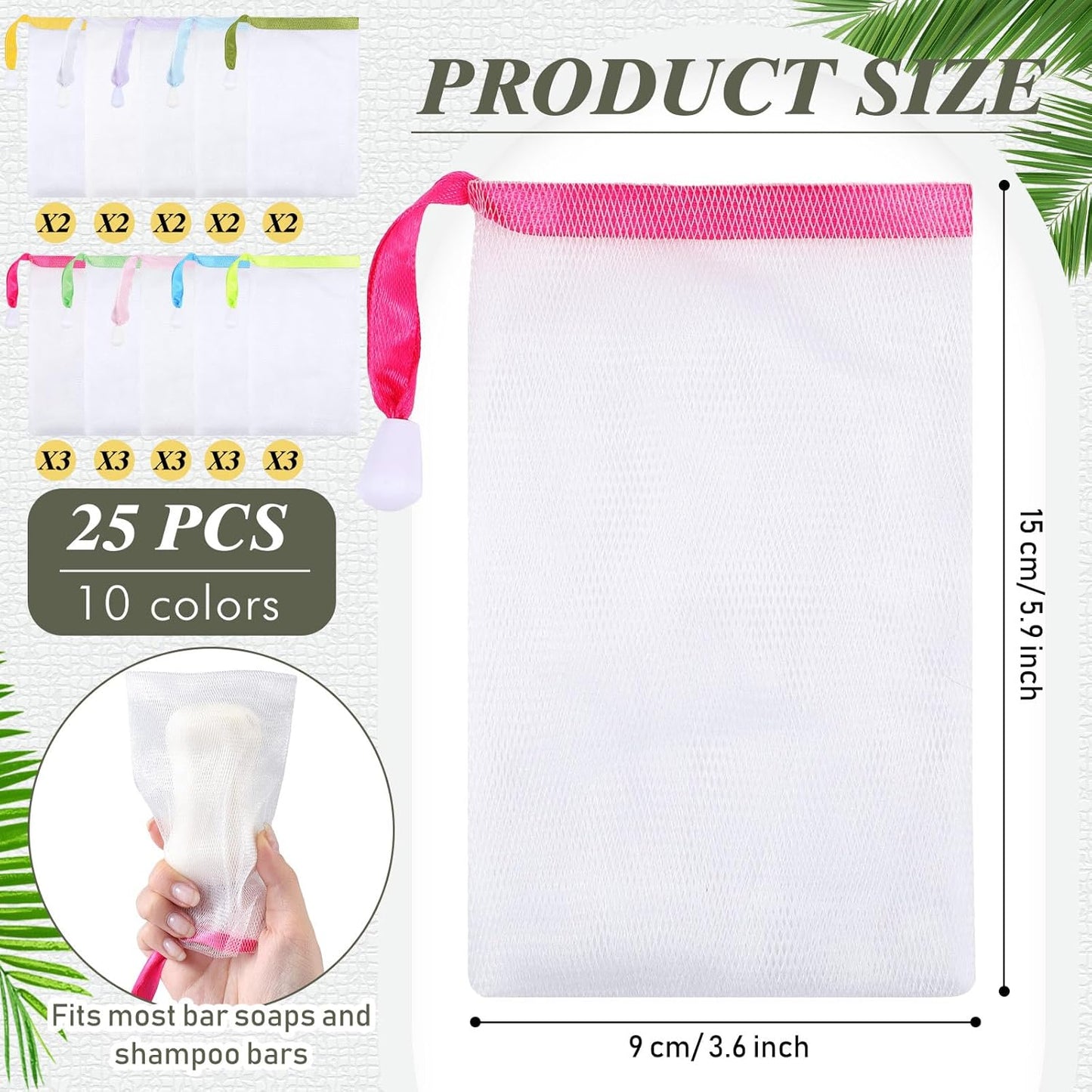Sunnyray 25 Pcs 10 Colors Soap Bag Soft Handmade Soap Bubble Mesh Bags Exfoliating Mesh Pouch with Drawstring for Foaming and Drying for Shower Body Facial Cleaning Tool