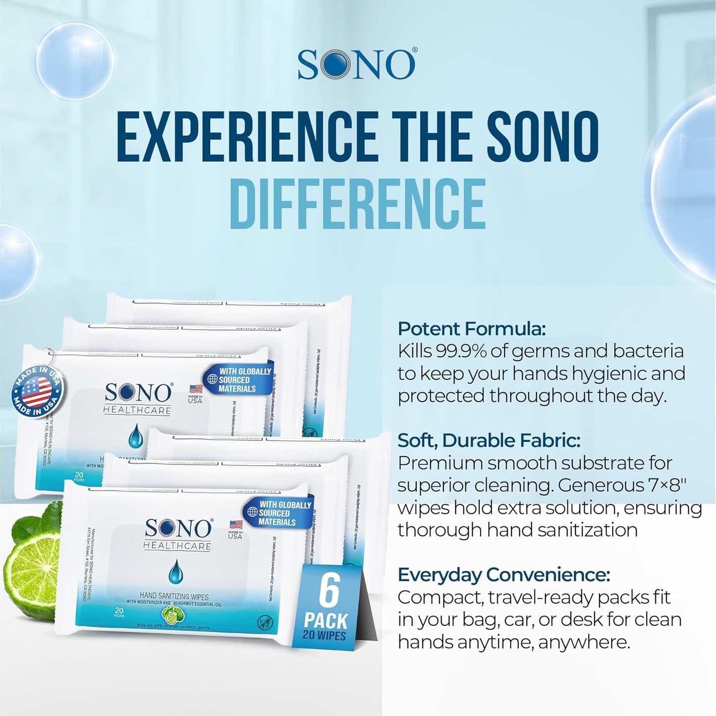 SONO Alcohol-Free Sanitizing Hand Wipes with Bergamot & Aloe Essential Oil - Hospital-Grade Disinfectant - Individually Wrapped Travel Size - 6 Packs of 20 - Gentle Cleaning & Germ Protection Anywhere