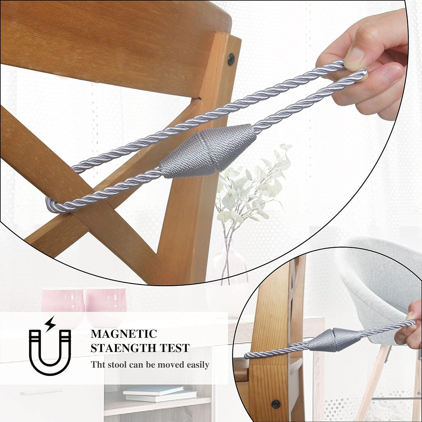 4 Pack Magnetic Curtain Tiebacks Rope Modern Handmade Curtain Tie Backs Decorative Drapes Weave Holdbacks for Window Décor, Grey