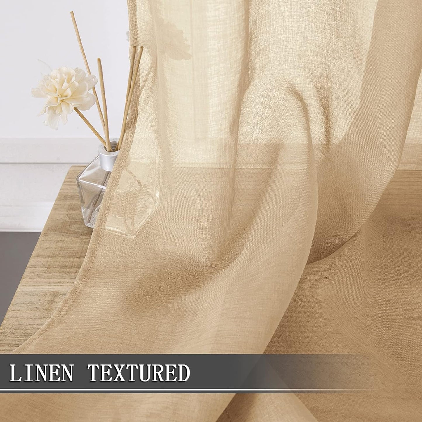 Tollpiz Short Sheer Curtains Linen Textured Bedroom Curtain Sheers Light Filtering Rod Pocket Voile Curtains for Living Room, 54 x 45 inches Long, Beige, Set of 2 Panels