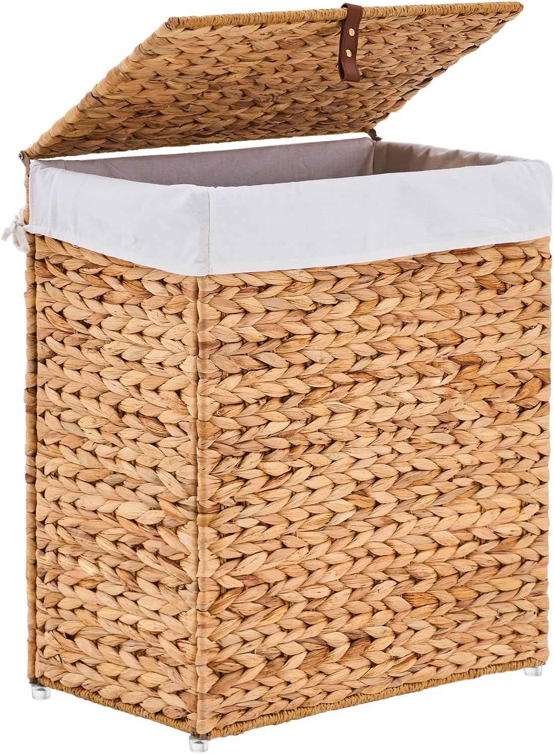 Handwoven Laundry Basket with Lid, Natural Water Hyacinth Storage Basket with Handle, Removable Cotton Liner, Durable and Stylish for Bedroom, Bathroom, Laundry Room