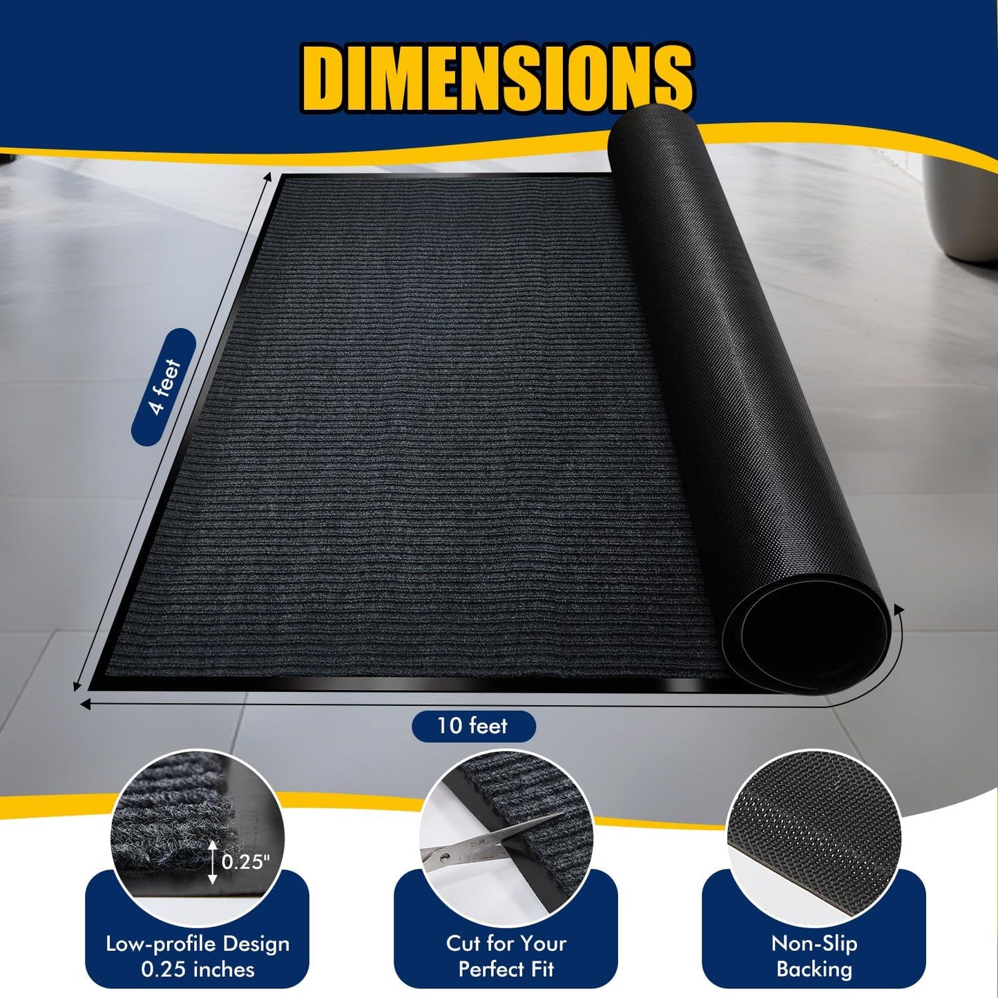 Extra Large Indoor/Outdoor Entrance Mat - 4 x 10 Feet, Rubber Border Door Mat Heavy Duty, Waterproof, Low-Profile, Easy to Clean, Rubber Entry Mat,Commercial Floor Mat, Charcoal Grey