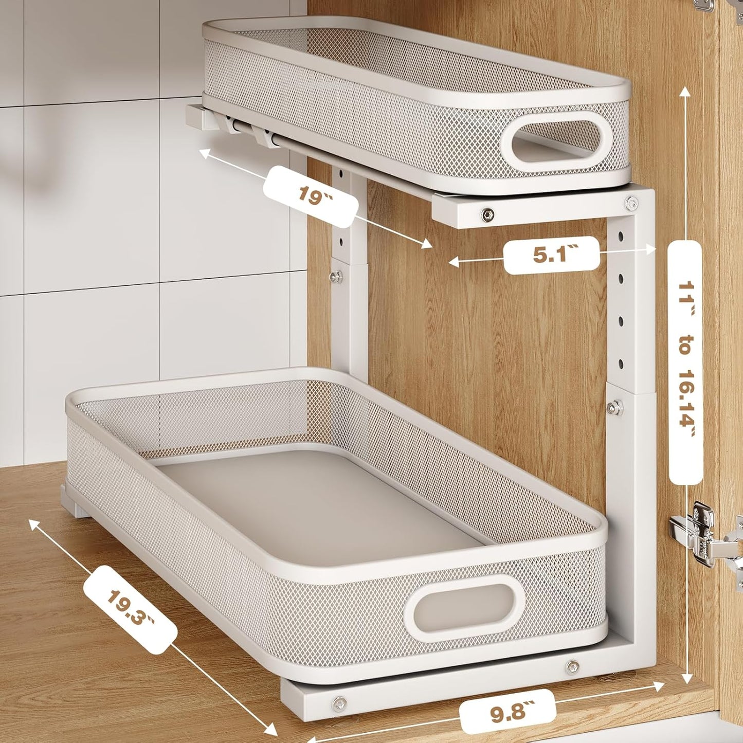 2 Pack 19.3IN-Depth Under Sink Organizer with Smooth Cylindrical Rail,2-Tier Pull Out Multi-Purpose Cabinet Storage for Bathroom&Kitchen,Height Adjustable,Rust-Resistant Coating-Gun Gray