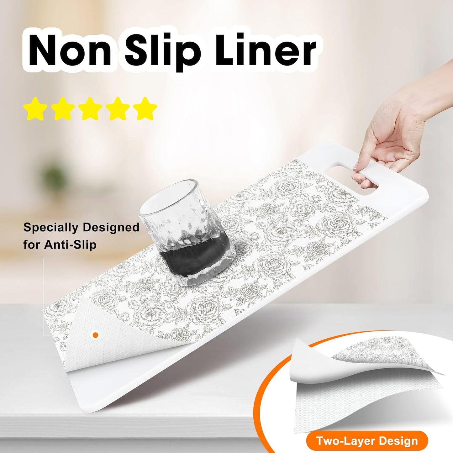 Drawer and Shelf Liner for Kitchen Cabinets Non-Adhesive, Non-Slip Cabinet Liner Shelf Paper Strong Grip Waterproof Easy to Clean for Kitchen Shelves Cupboard, Flower,23.6IN X 10FT
