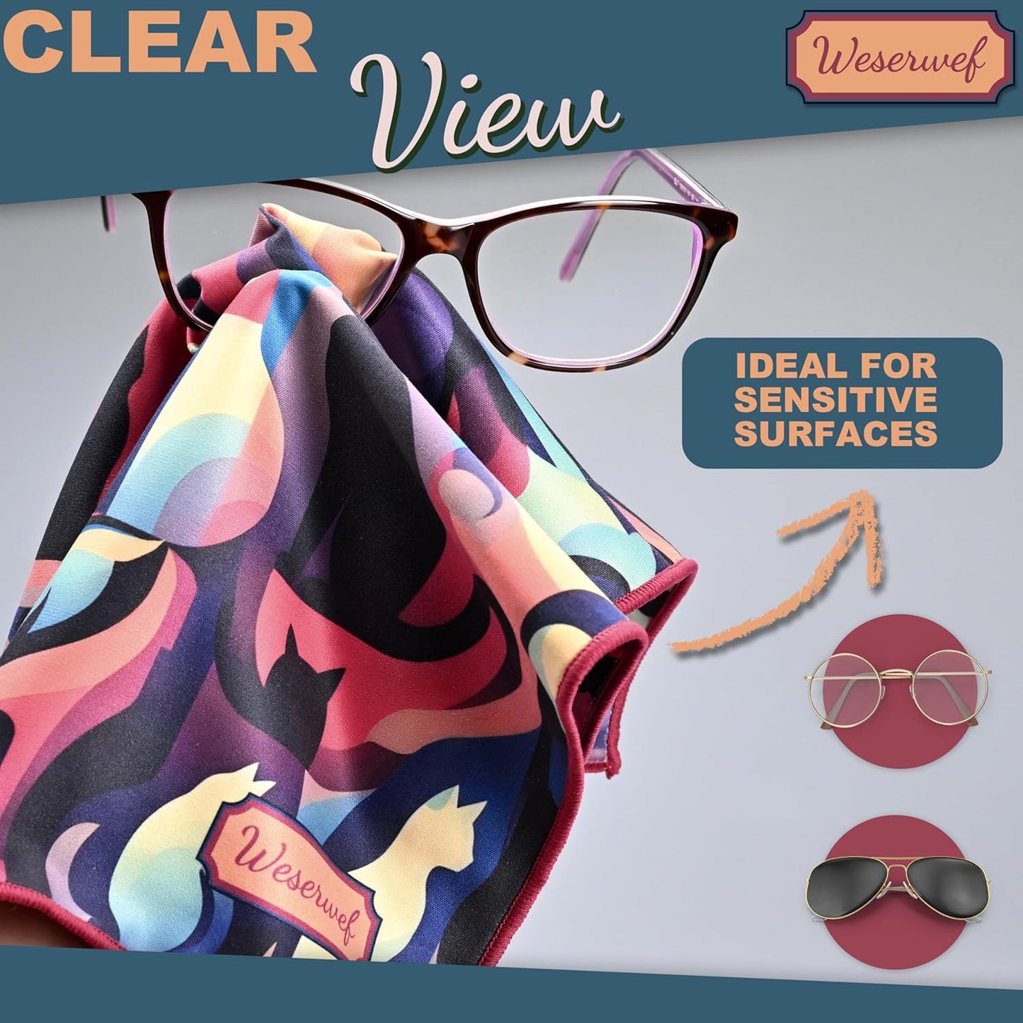 WESERWEF Design Microfiber Glasses Cleaning Cloth – Premium Cleaning Cloth for Eyeglasses, Screens, Tablets, Cameras & Lenses, 12" x 12", Ultra-Soft & Scratch-Free (Cats)