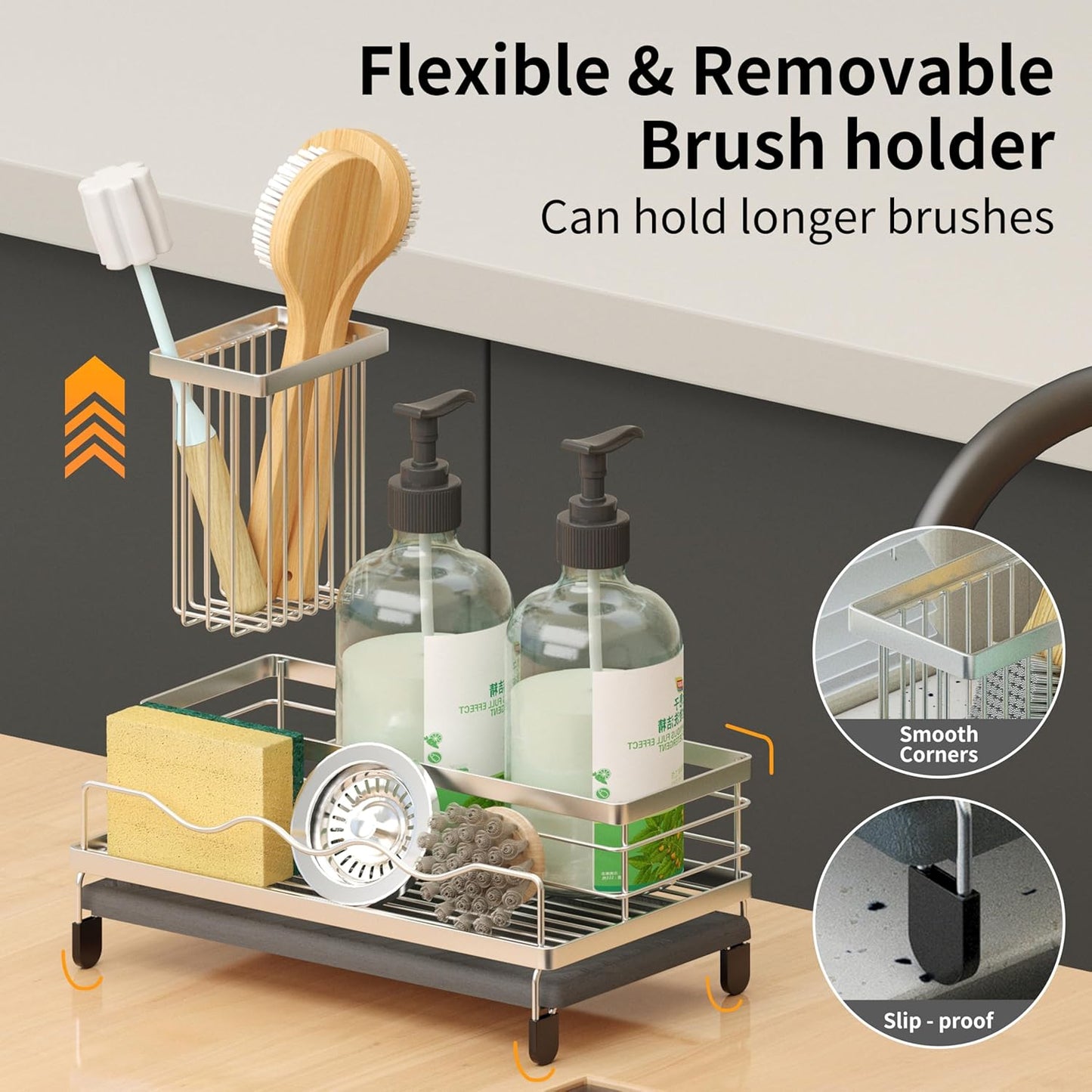 Sink Caddy, Kitchen Sink Organizer with Sponge Holder and Stone Drying Mat, Quick Drying, Stainless Steel Kitchen Caddy Organizer for Sponges, Brushes & Soap