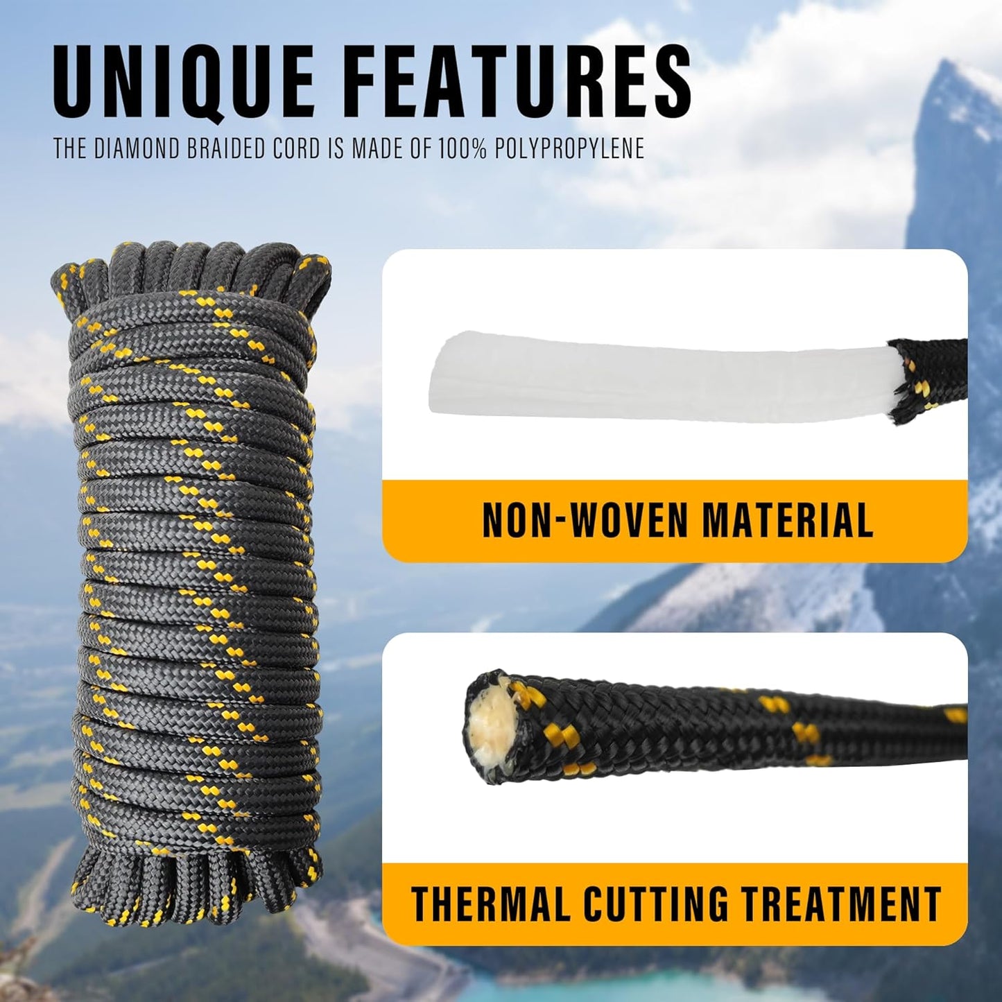 Diamond Braided Polypropylene Rope Nylon Rope Mix Thick Heavy Duty Ropes 1/2 inch 100ft High Strength Perfect for Clothesrope Camping Hiking and Other Outdoor Activities Black 100ft