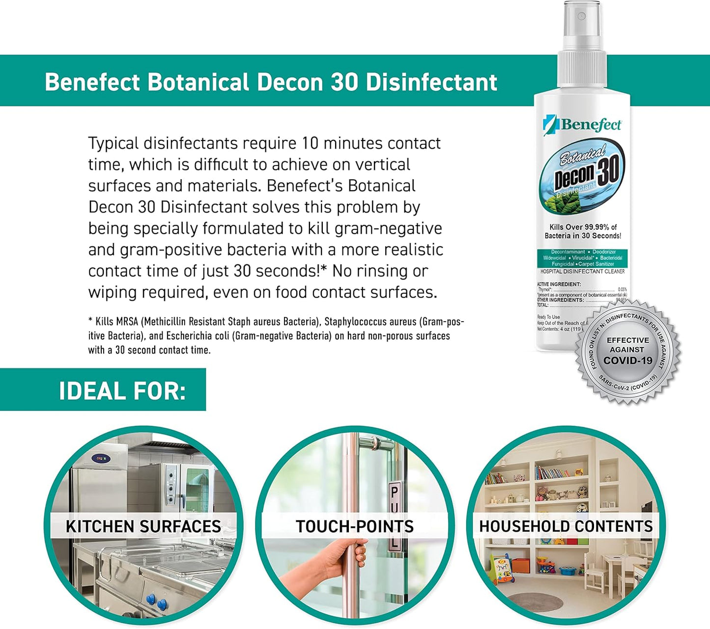Benefect Botanical Decon 30 Disinfectant Cleaner, 4 oz. Spray Bottle, Light Lemon & Thyme Scent, Hospital Grade Disinfectant, Kills Over 99.99% of Germs, Safe for Food-Contact Surfaces