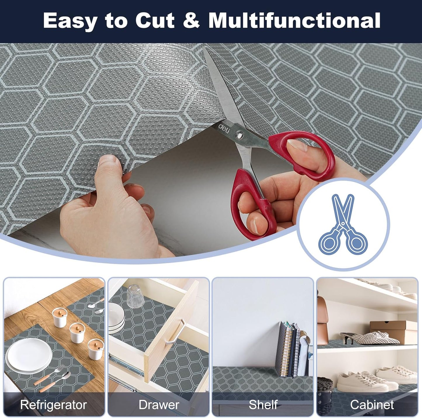 Non Adhesive Shelf Liner, Waterproof Drawer Liners for Kitchen Cabinet Refrigerator, No Slip Bathroom Sink Liners, Cupboard Fridge Liner EVA Place Mat Roll -17.5" x 197" Grey