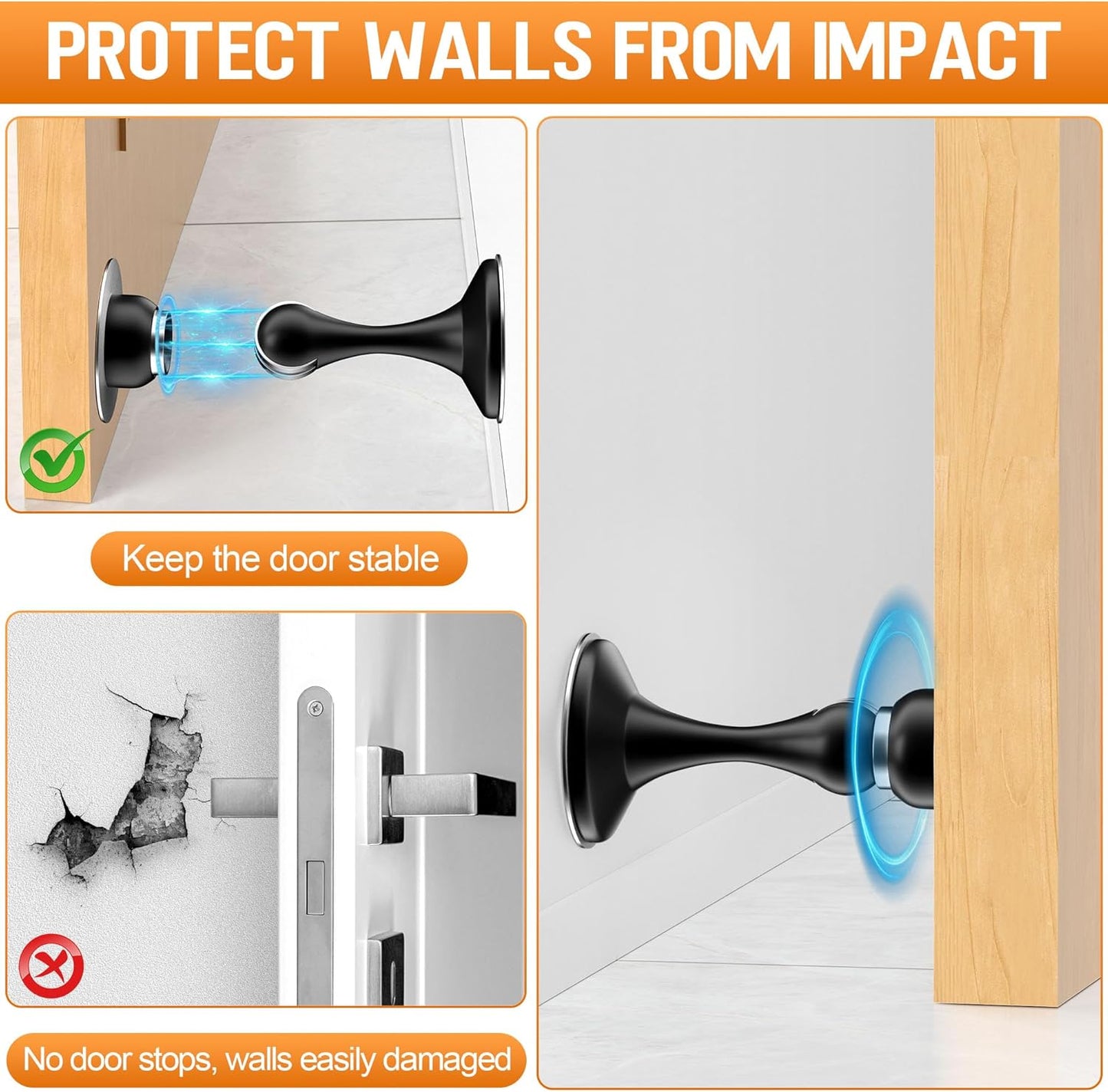 Crosize Magnetic Door Stoppers 2 Pack, Stainless Steel Door Catch for Wall and Floor Mounting, Door Holder Keep Door Open, No Drilling Door Stop with Adhesive Tapes, Black