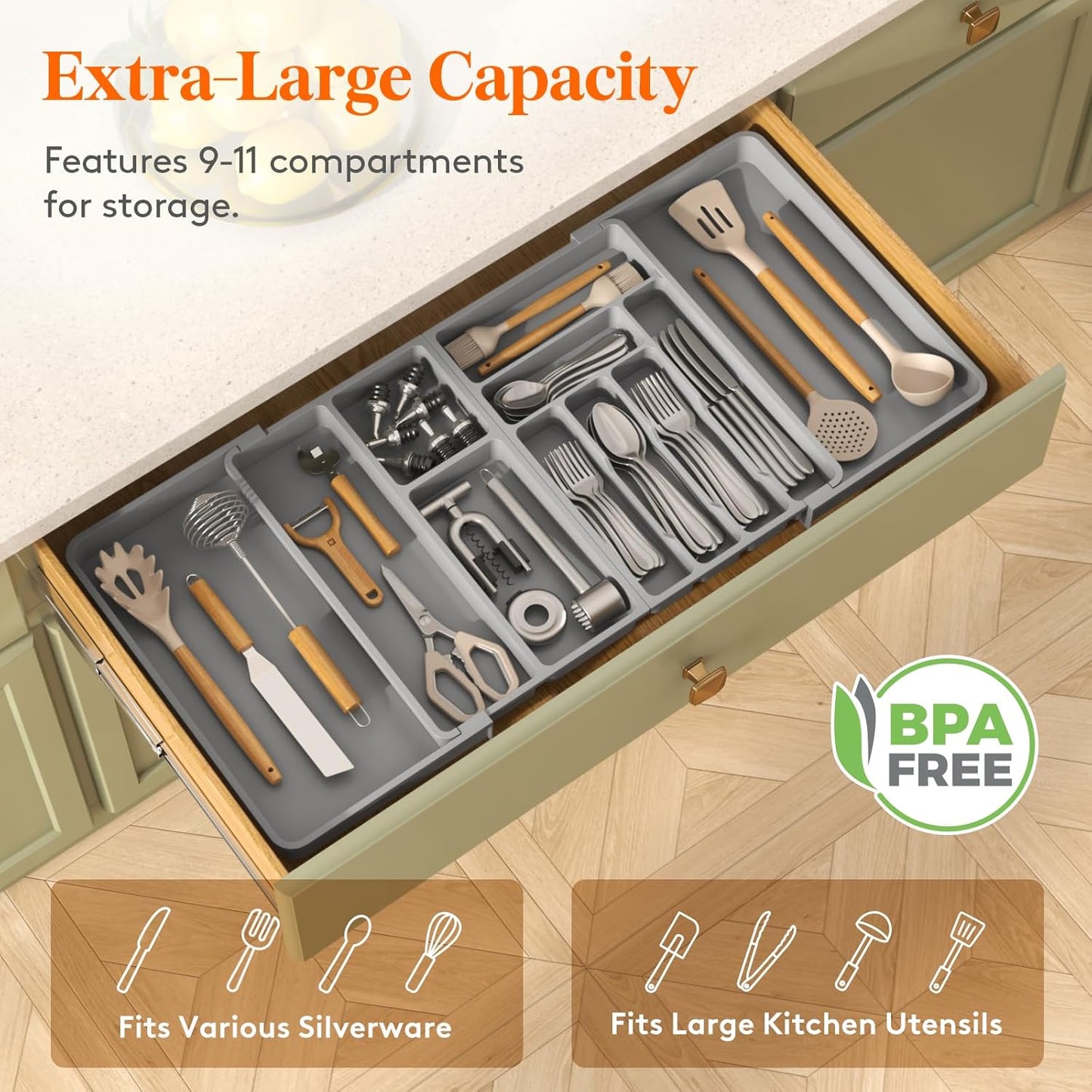 Lifewit Large Silverware Drawer Organizer, Plastic Cooking Utensil Tray for Kitchen, Expandable From 21 to 36 Inches, Adjustable Flatware Cutlery Spoon Fork Knife Spatula Gadgets Holder, Gray