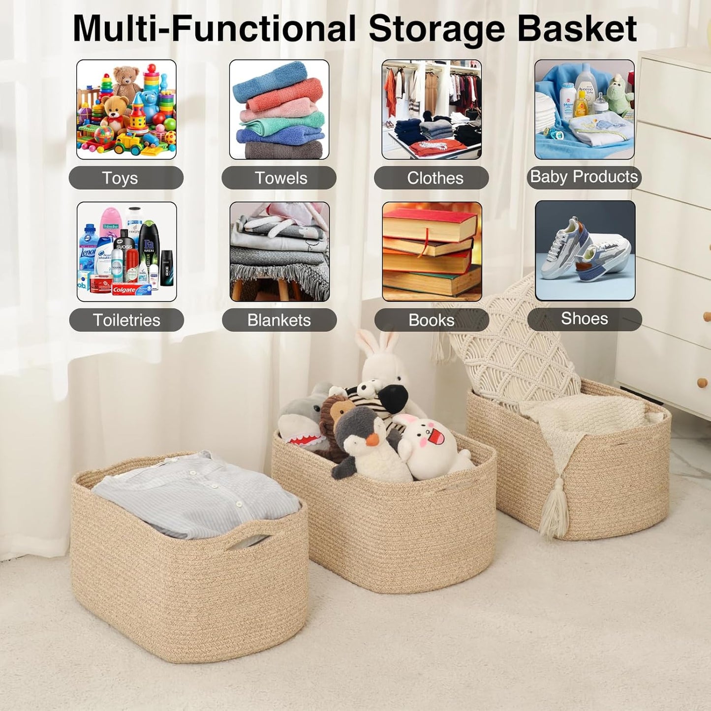 Large Storage Baskets for Organizing Shelves, Woven Cotton Rope Bins for Baby Nursery Organization, Book Toy Towel Organizer, 17"x13"x9.5", 3 Packs, Brown
