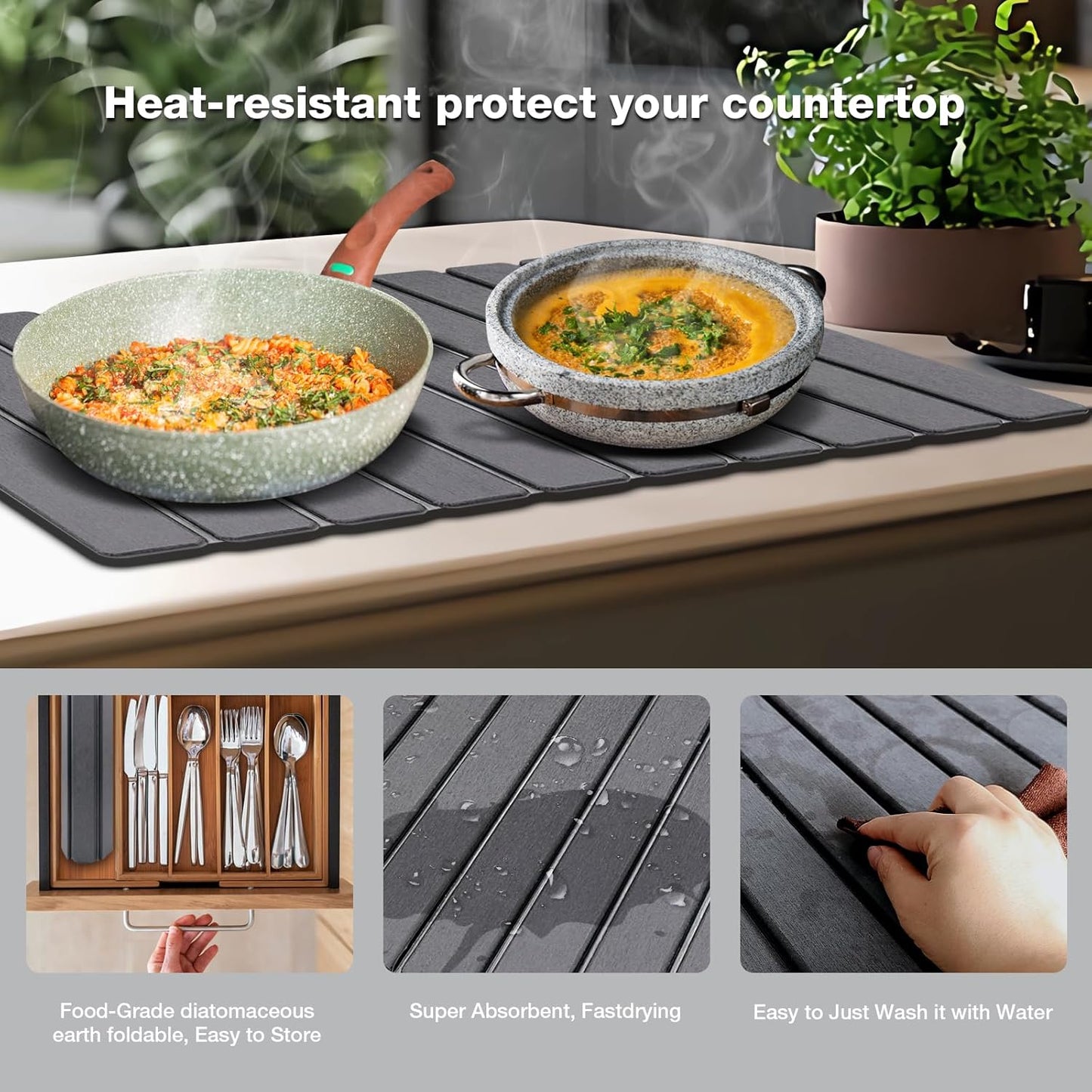 Large Diatomite Kitchen Counter Drying Mat – 24”x16”, Aesthetic Stone Mat for Dishes, Roll-Up Space-Saving & Quick-Drying Stone Rack, Dark Grey