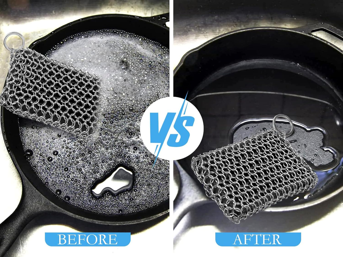 Herda Chain Mail Cast Iron Cleaner Scrubber,316 Chainmail Pan Scrubber Metal Cleaning Brush, Pad, Sponge Scraper to Clean Skillet,Dutch Oven, Wok,Grill Griddle,Chain Link Scrub Brush Pot Care Kit