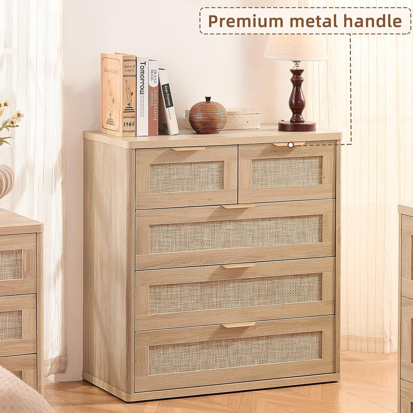 LEYAOYAO Rattan Dresser for Bedroom Set of 2, 33.5" Tall Chest of Drawers, Modern 5 Drawers Boho Dressers with Storage, Light Oak Dresser Wooden Closet Organizer for Living Room, Hallway, Natural Wood