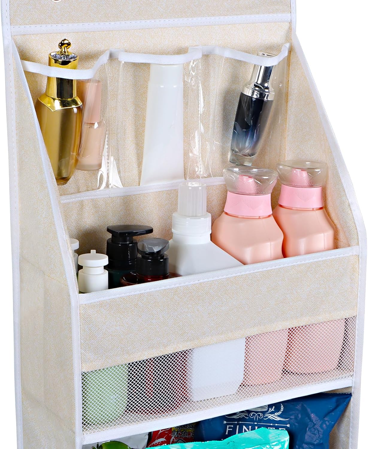 Univivi 5-Shelf Over Door Hanging Organizer Fabric Door Storage with 4 Large Pockets and 3 Small PVC Pockets Wall Mount Hanging Storage Organizers for Baby Nursery (Beige Pattern)
