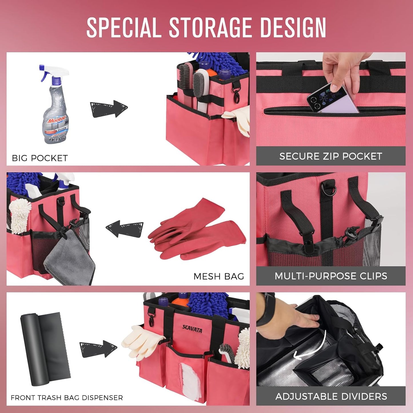 Wearable Cleaning Caddy Bag, Cleaning Caddy Supplies Organizer with Handle & Shoulder Straps for Housekeepers, Under Sink & Car Cleaning Tool Organizers with 4 Foldable Divider (RoseRed)