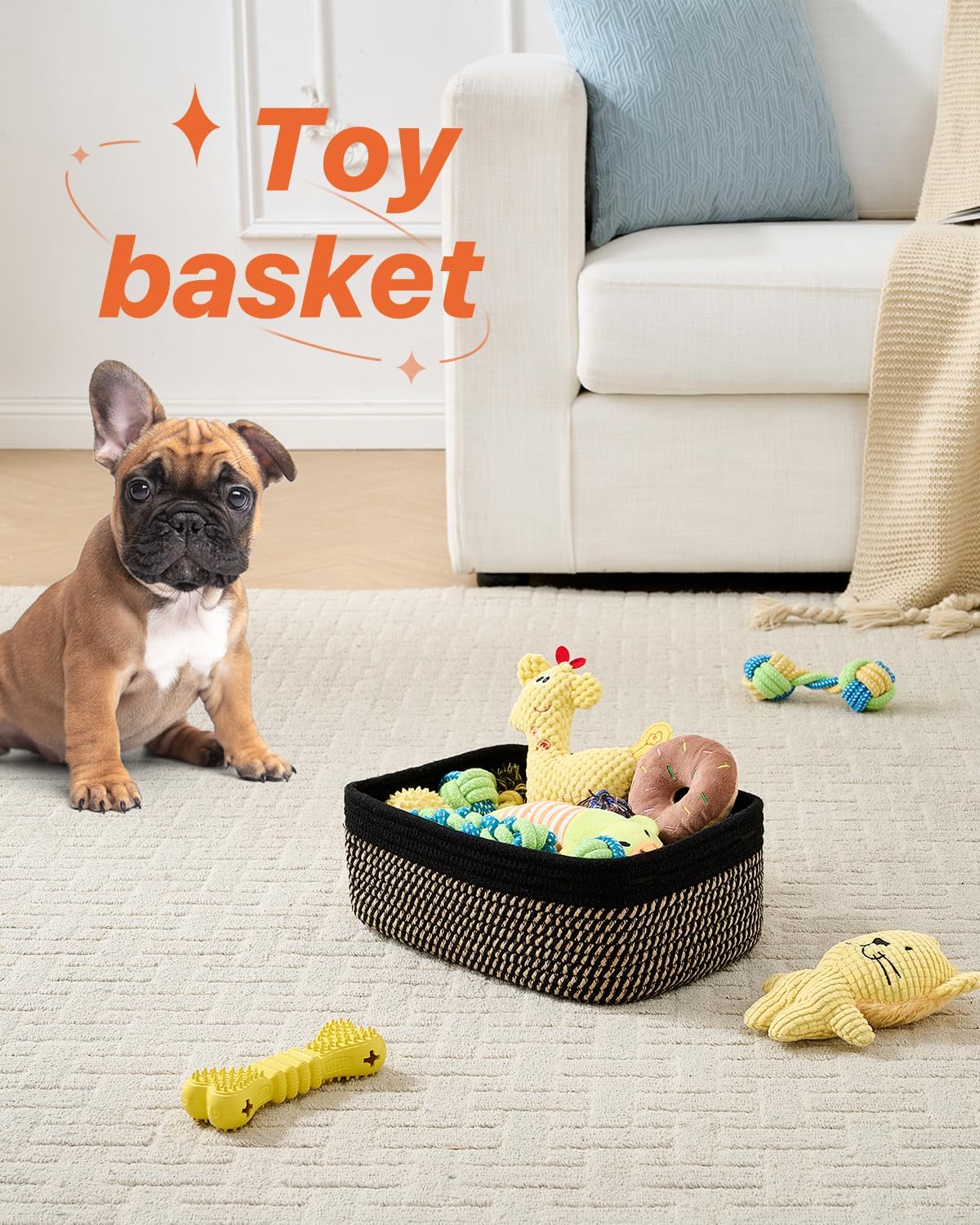 Small Woven Basket, 12 x 8 x 4.5 Inches, Storage Basket for Organizing, Cute Small Rope Shelf Closet Cube Storage Bins Baskets for Shelves, Dog Toy Gift Baskets Empty, 3 Pack Black & Brown