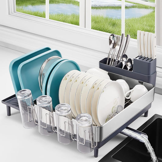 FOHERE Large Dish Drying Rack, Expandable Dish Rack, Stainless Steel Dish Rack for Kitchen Counter, Anti-Rust Dish Drainer with Cutlery & Cup Holders for Dishes, Knives, Spoons and Forks, Grey