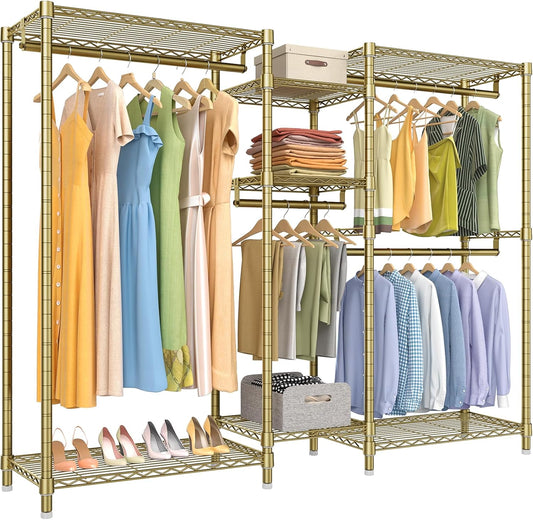 VIPEK Classic V6 Wire Garment Rack Heavy Duty Clothes Rack with 7 Adjustable Shelves & 4 Hanging Rods, Compact DIY Metal Clothing Racks 68.9" L x 15.7" W x 76.4" H, Max Load 840LBS, Gold