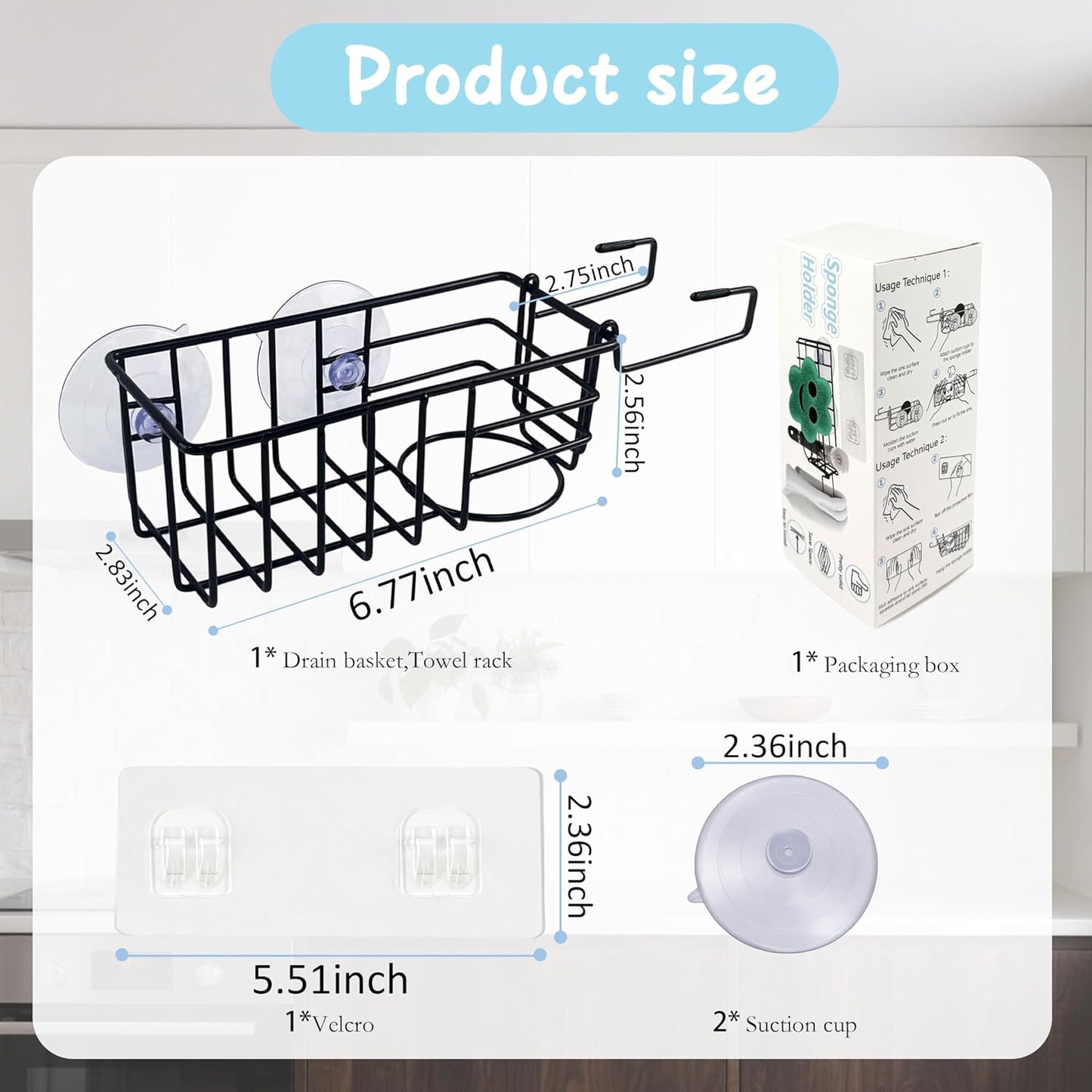 Sponge Holder with Dish Cloth Hanger for Kitchen Sink, In-sink Caddy Organizer with Suction Cups & Adhesive Strips, Rustproof Sponge Rack for Soap, Brush, Scrubber - Black