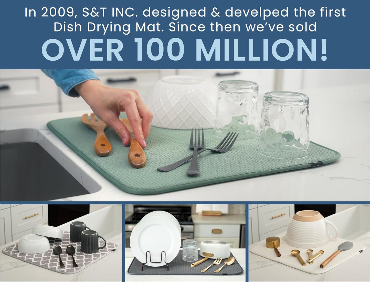 S&T INC. Dish Drying Mat XL, 18” x 24”, Absorbent Microfiber Kitchen Counter Mat, Dish Drying Pad for Dishes, Utensils, Pots and Pans, Extra Large, Sage Green