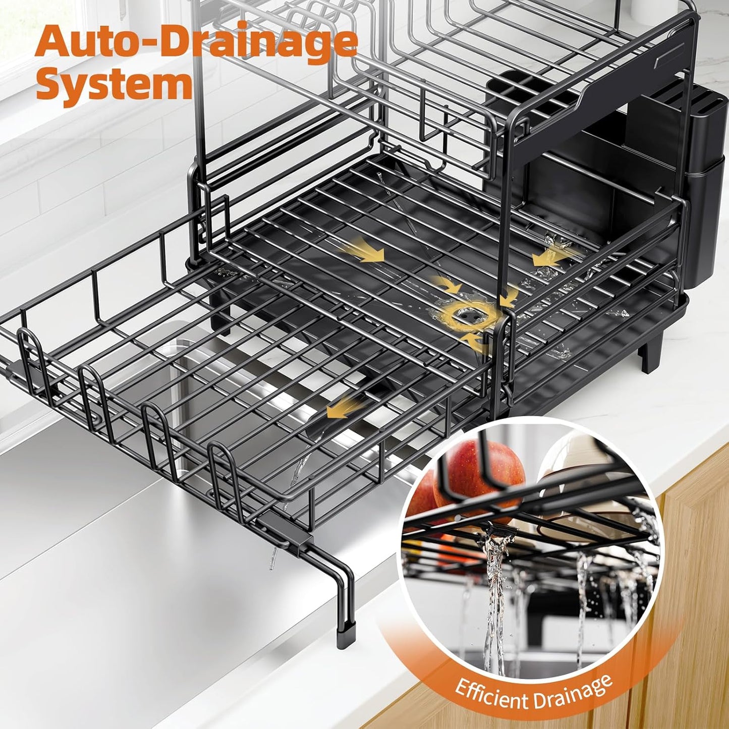 Dish Drying Rack - Extendable Dish Drainer, Large Dish Rack for Kitchen Counter, Rustproof Dish Strainer with Utensil Holder and Cups Holder, 2 Tier Black
