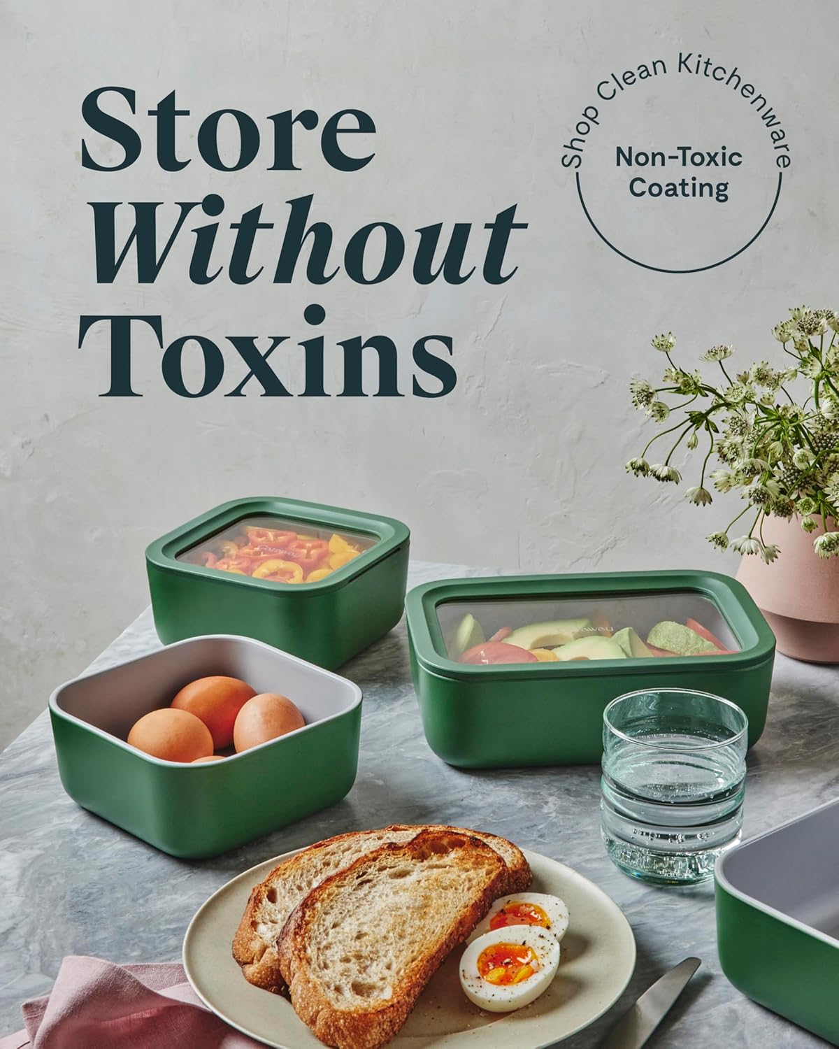 Caraway 2pc Glass Food Storage Set - 6.6 Cup Food Containers (2) - Ceramic Coated - Non Toxic, Non Stick Lunch Box with Lids. Dishwasher, Oven, & Microwave Safe - Sage