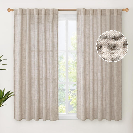 YoungsTex Linen Curtains 48 Inch Length for Kitchen Window, Short Natural Semi Sheer Drapes with Rod Pocket Back Tab for Living Room Bedroom Cafe Bathroom Light Filtering, 2 Panels, 42 X 48 Inch