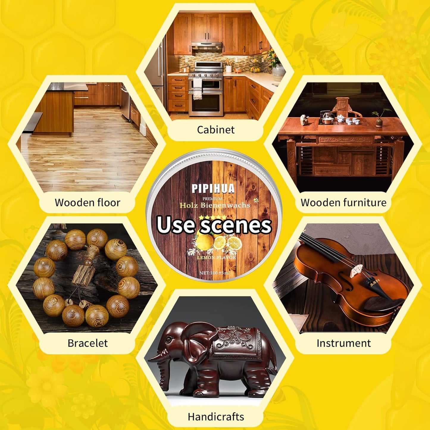 PIPIHUA Beeswax Polish and Conditioner for Wood Furniture - Waterproof & Restorer Wood Wax, Multipurpose Beeswax Furniture Polish and Cleaner for All Types and Colours, Lemon(100g with Sponge)