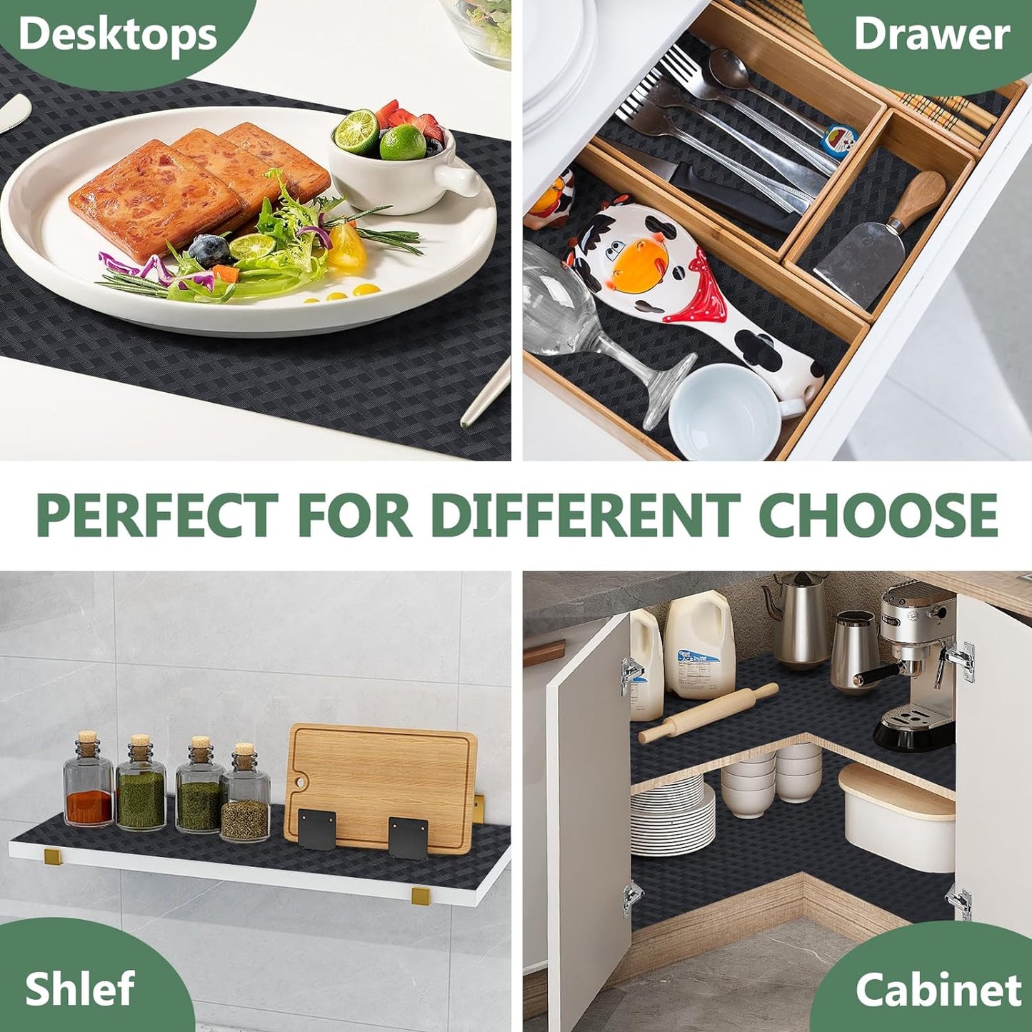 Shelf Liners, Non-Adhesive Drawer Liner, Waterproof & Oil-Proof Kitchen Cabinet Cupboard Liner Plastic EVA Material BPA Free Fridge Liner Mats Paper Protector for Shelves (Black/20in x 240in)