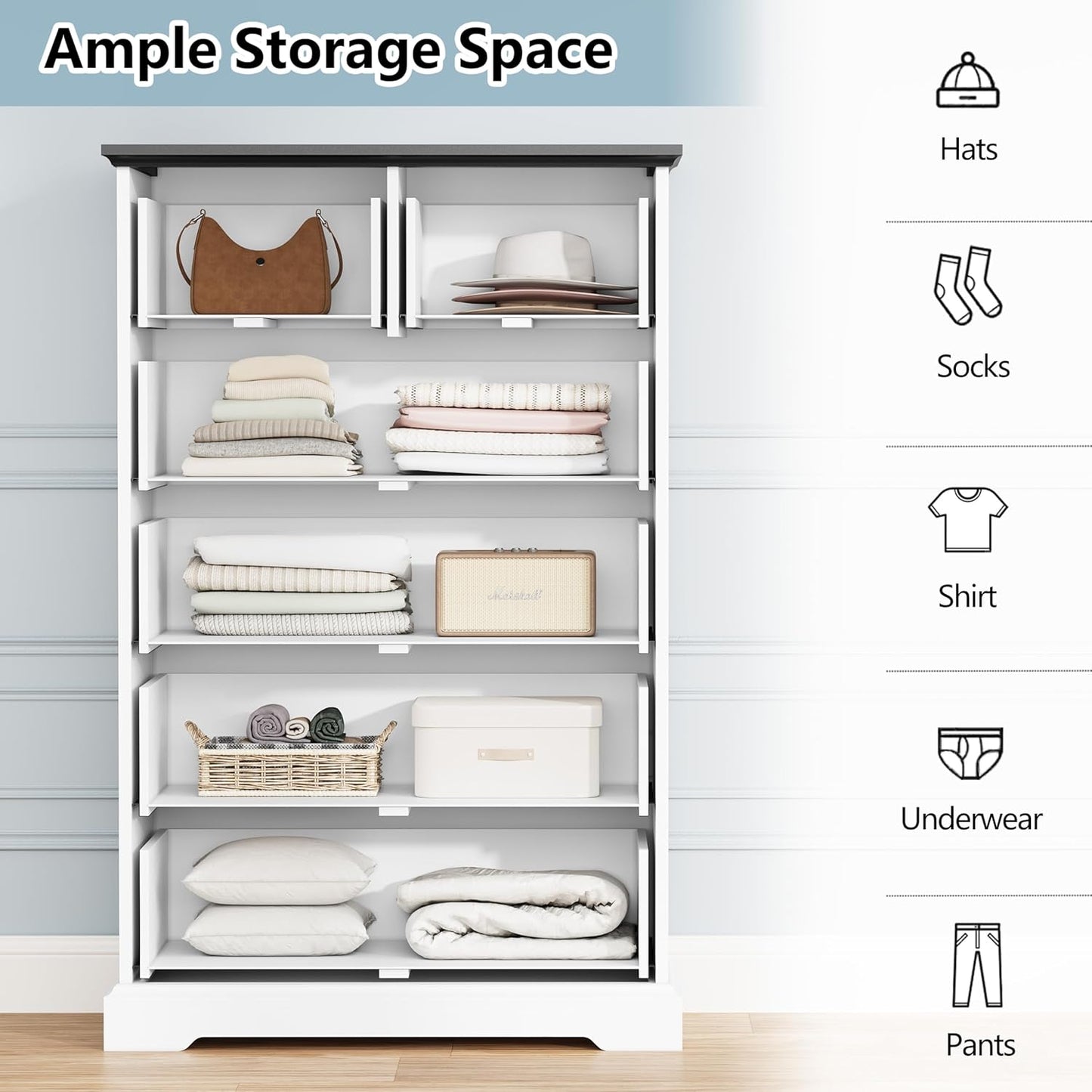 6 Drawer Dresser for Bedroom, 49" Tall Wooden Chest of Drawers, Rustic Farmhouse Dresser with Large Drawers & Metal Handles, Modern Storage Organizer for Closet, Living Room, Hallway, White