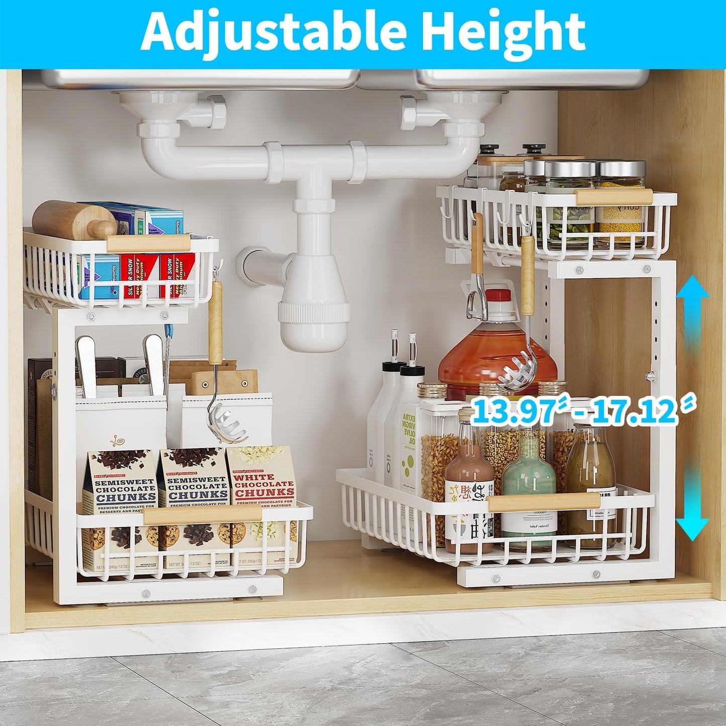 Under Sink Organizer, 2 Tier Slide Out Under Sink Organizers and Storage, Height Adjustable Pull out under cabinet storage, Metal Bathroom Kitchen Sink Organizer，2 Pack