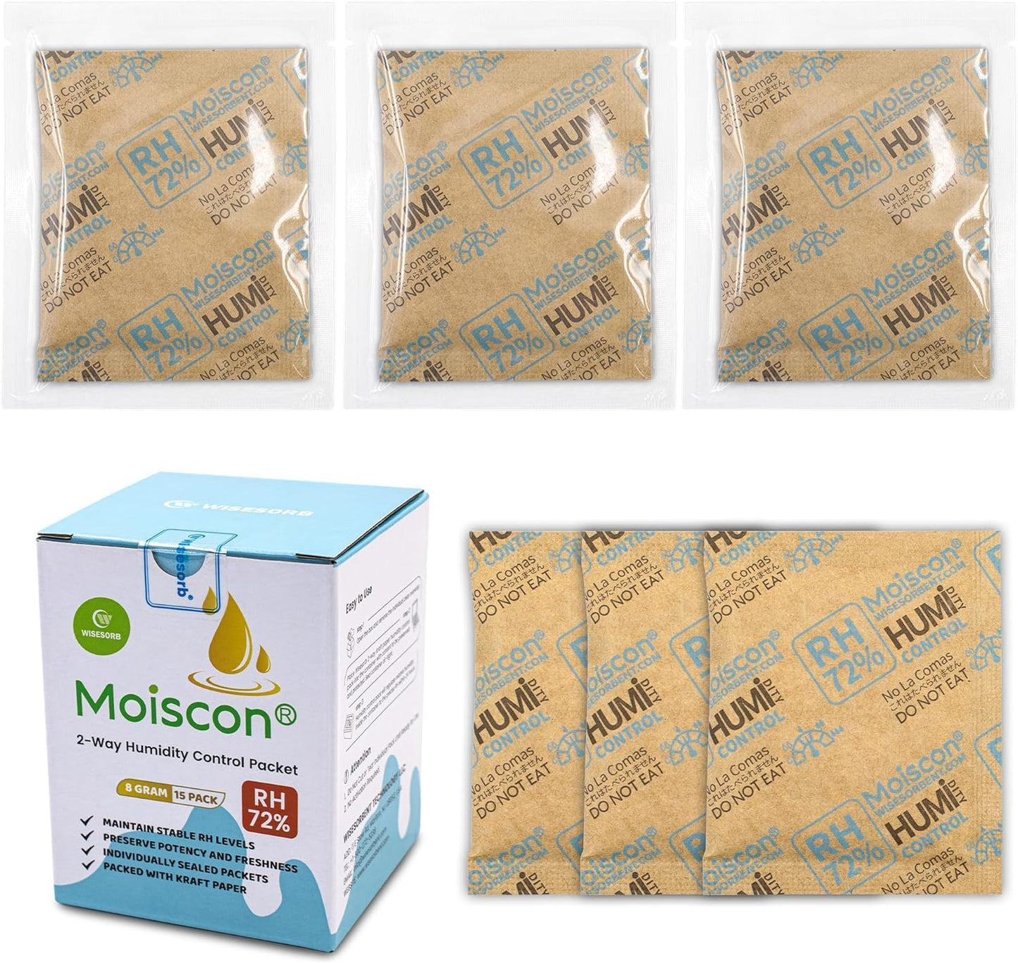 72% Two-Way Humidity Control Packs- 8 Gram Moisture Absorbers for Herbs, Wood Humidifier Boxes - Natural Craft Paper Design, Individually Sealed Packets, Prevents Leaks [15 Pack]